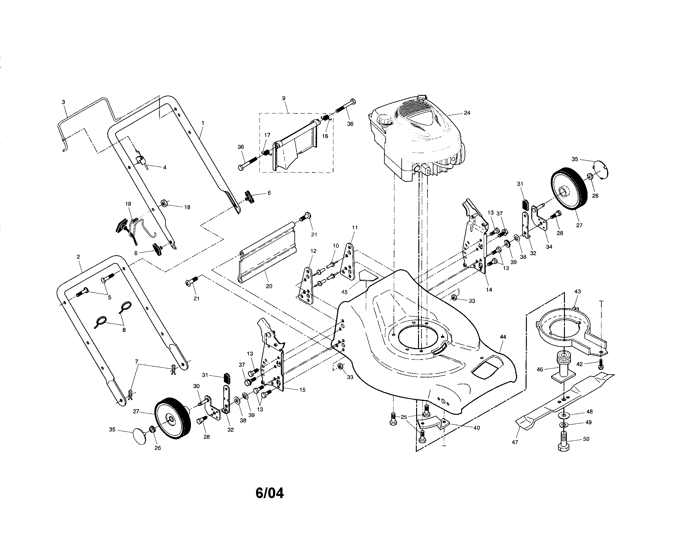 Engine/housing/handle/wheels