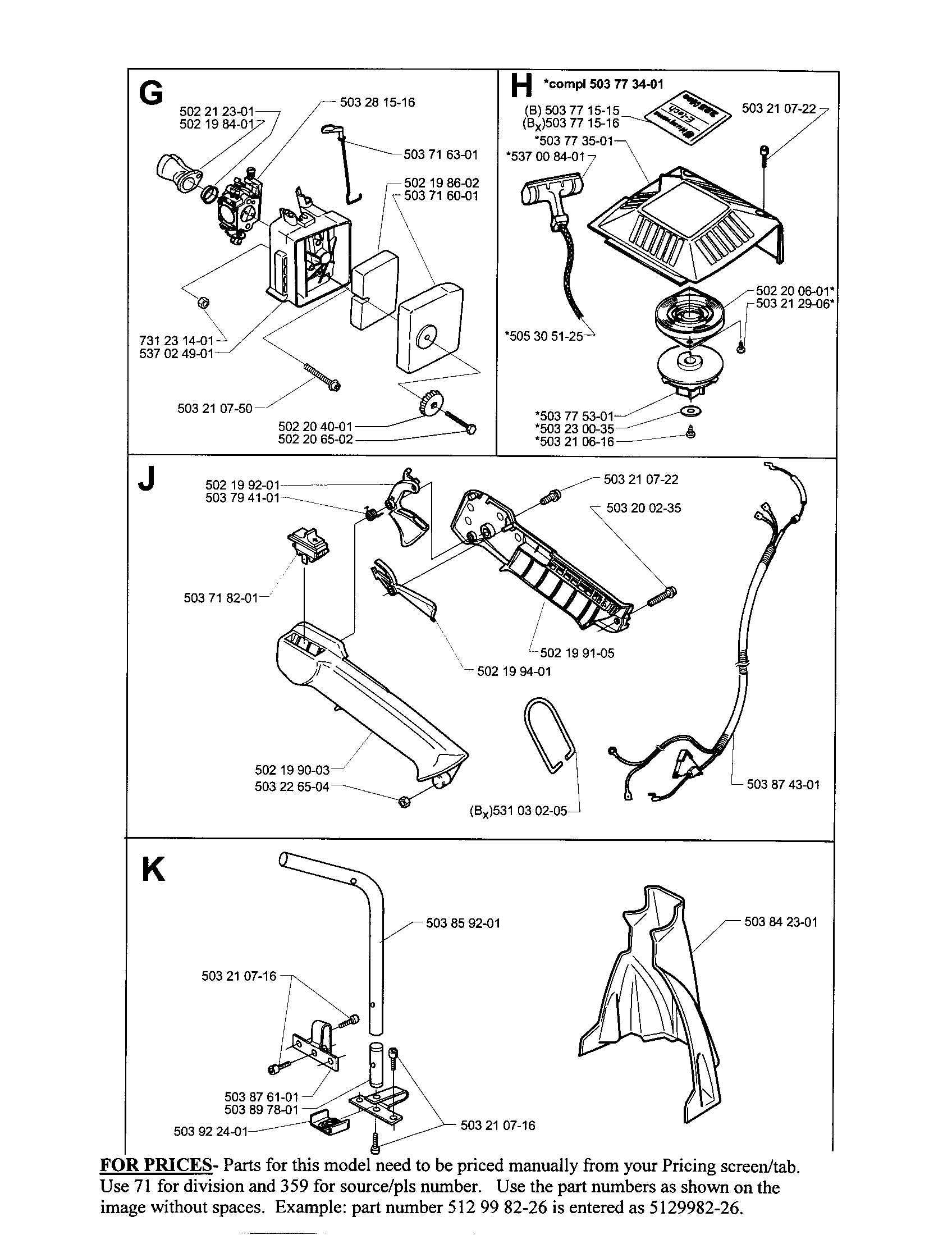Carb,air fltr,starter,cntrl handle,handle