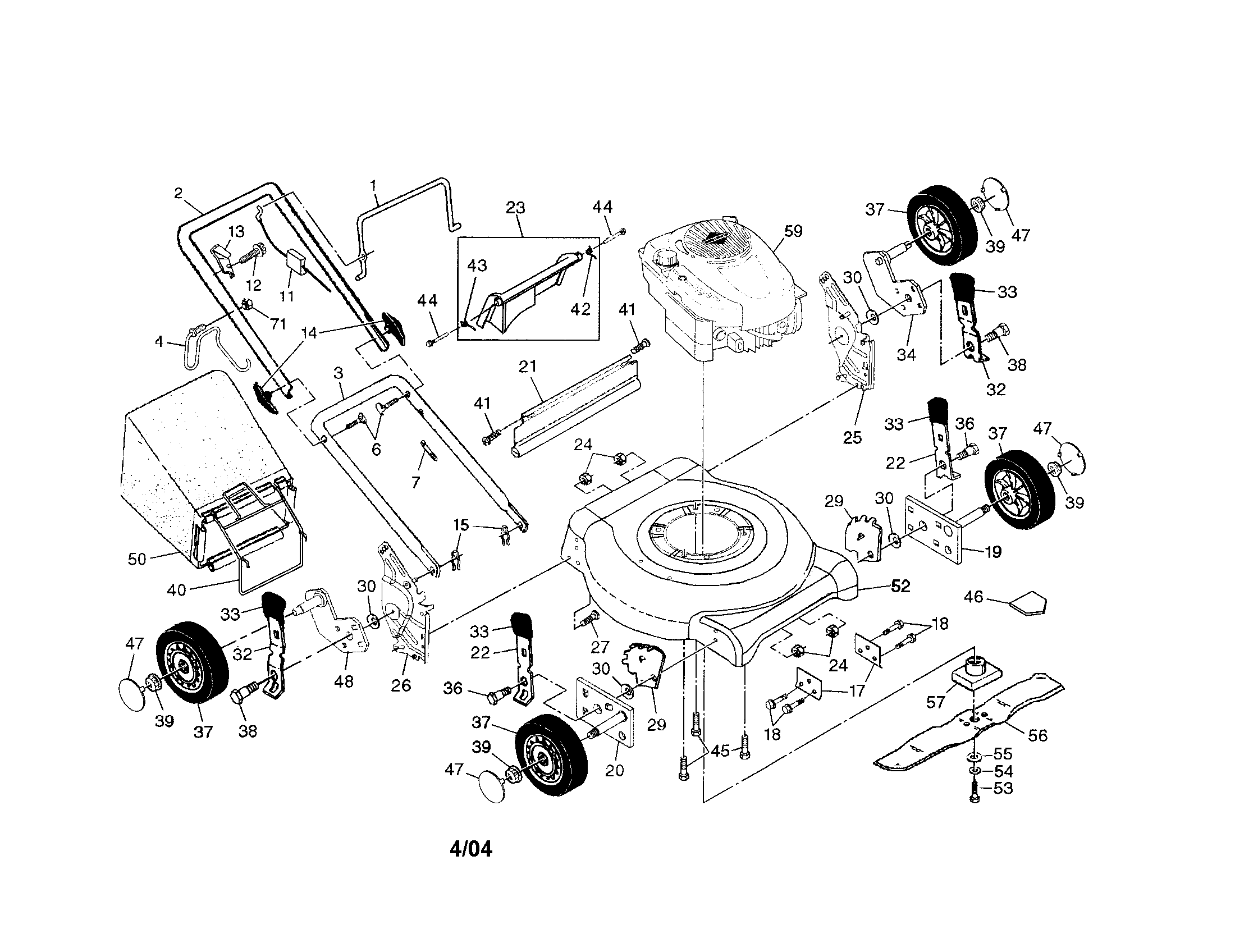Engine/housing/wheels/handle/bag