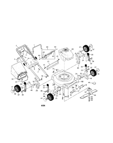 Engine/housing/wheels/handle/bag