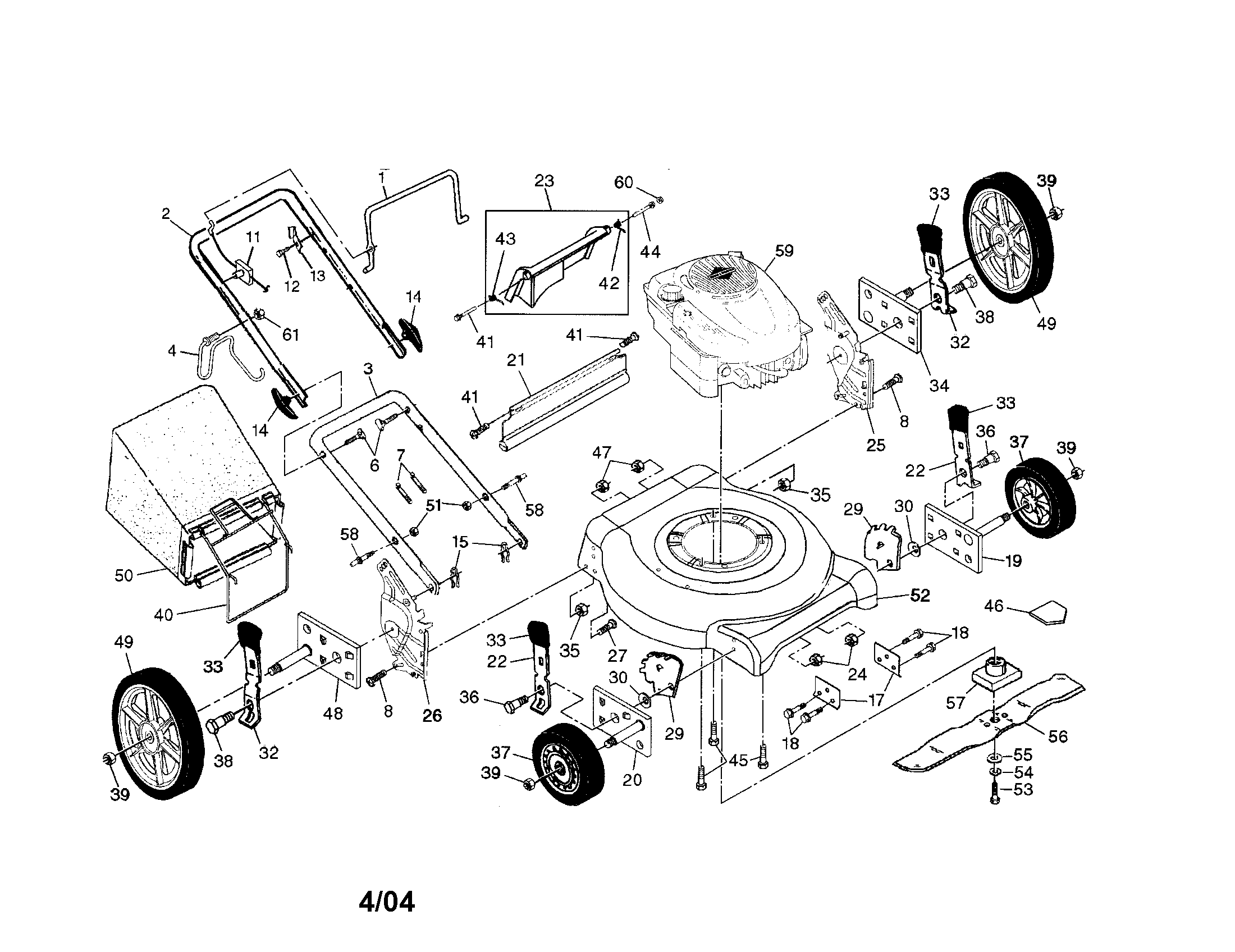 Engine/housing/handle/wheels/bag