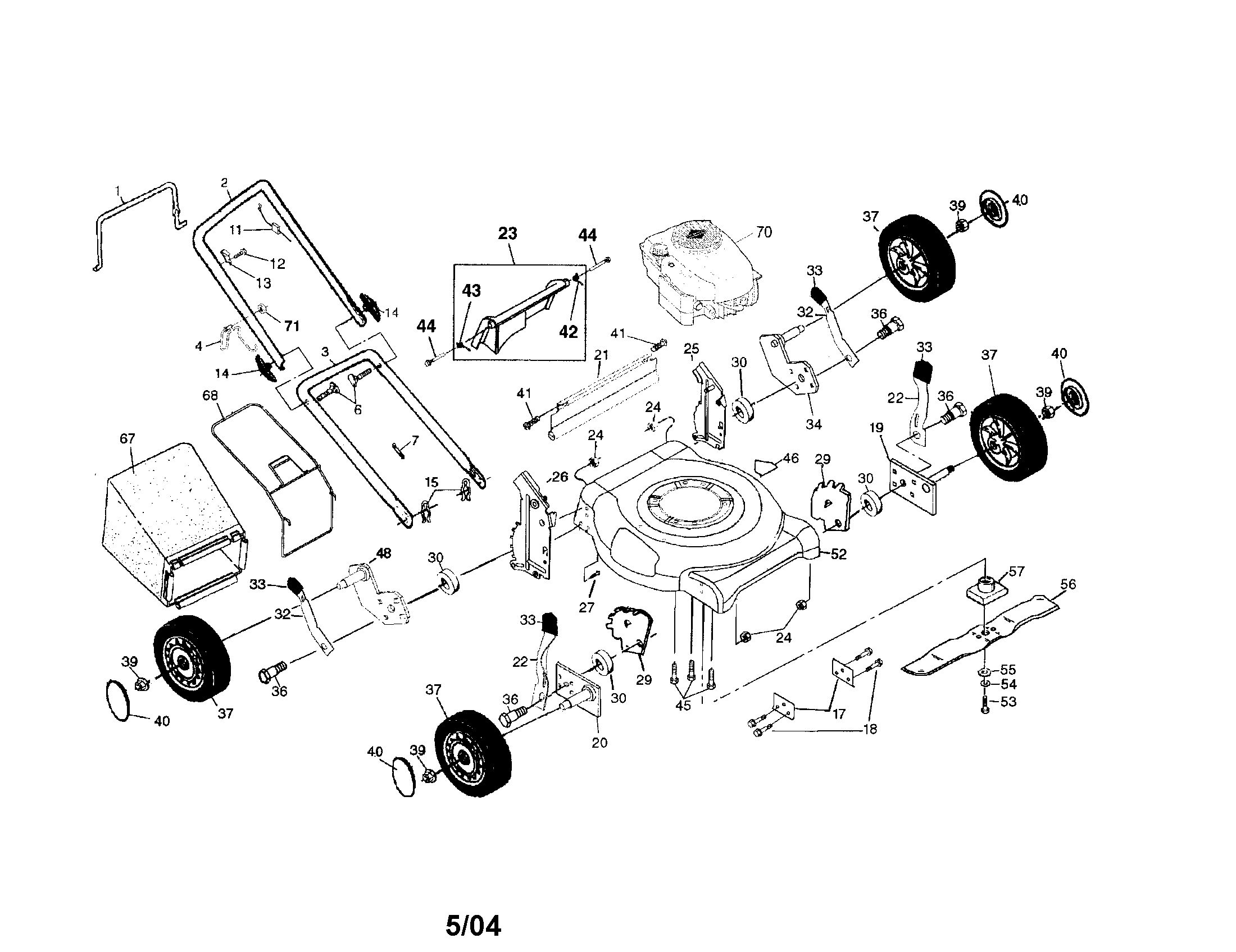 Engine/housing/handle/wheels/bag