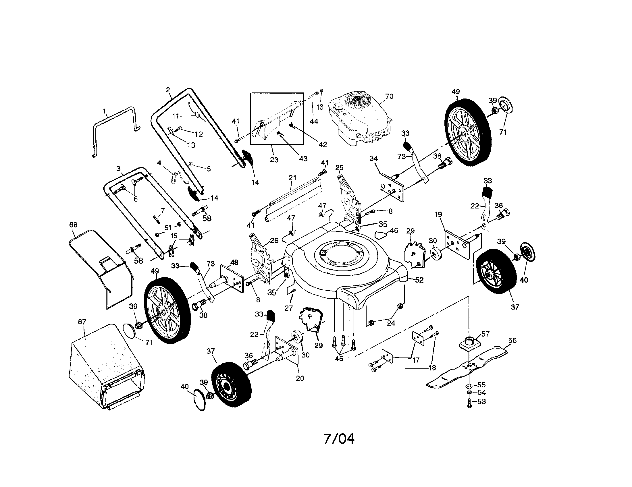 Engine/housing/handle/wheels/bag
