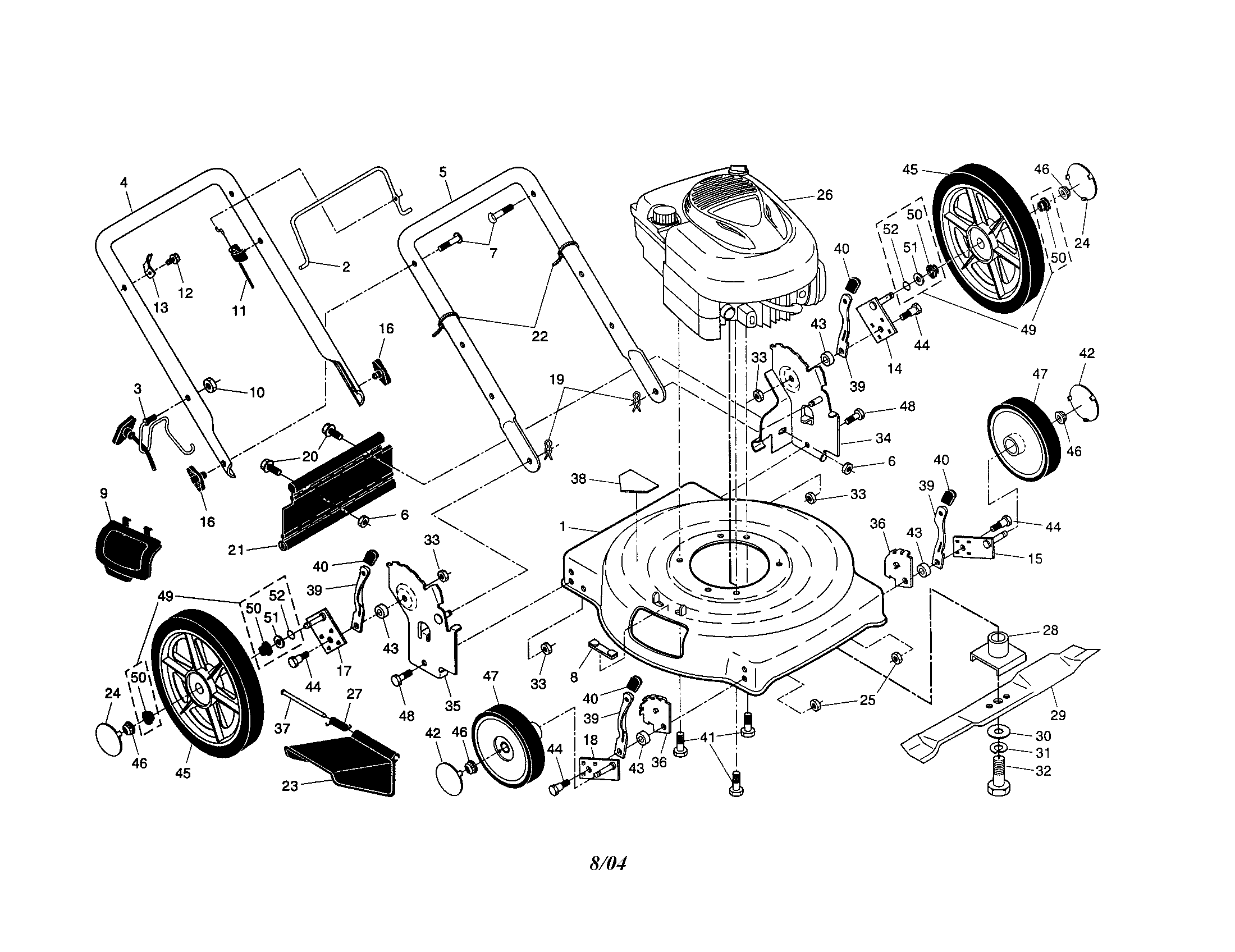 Engine/housing/handle/wheels