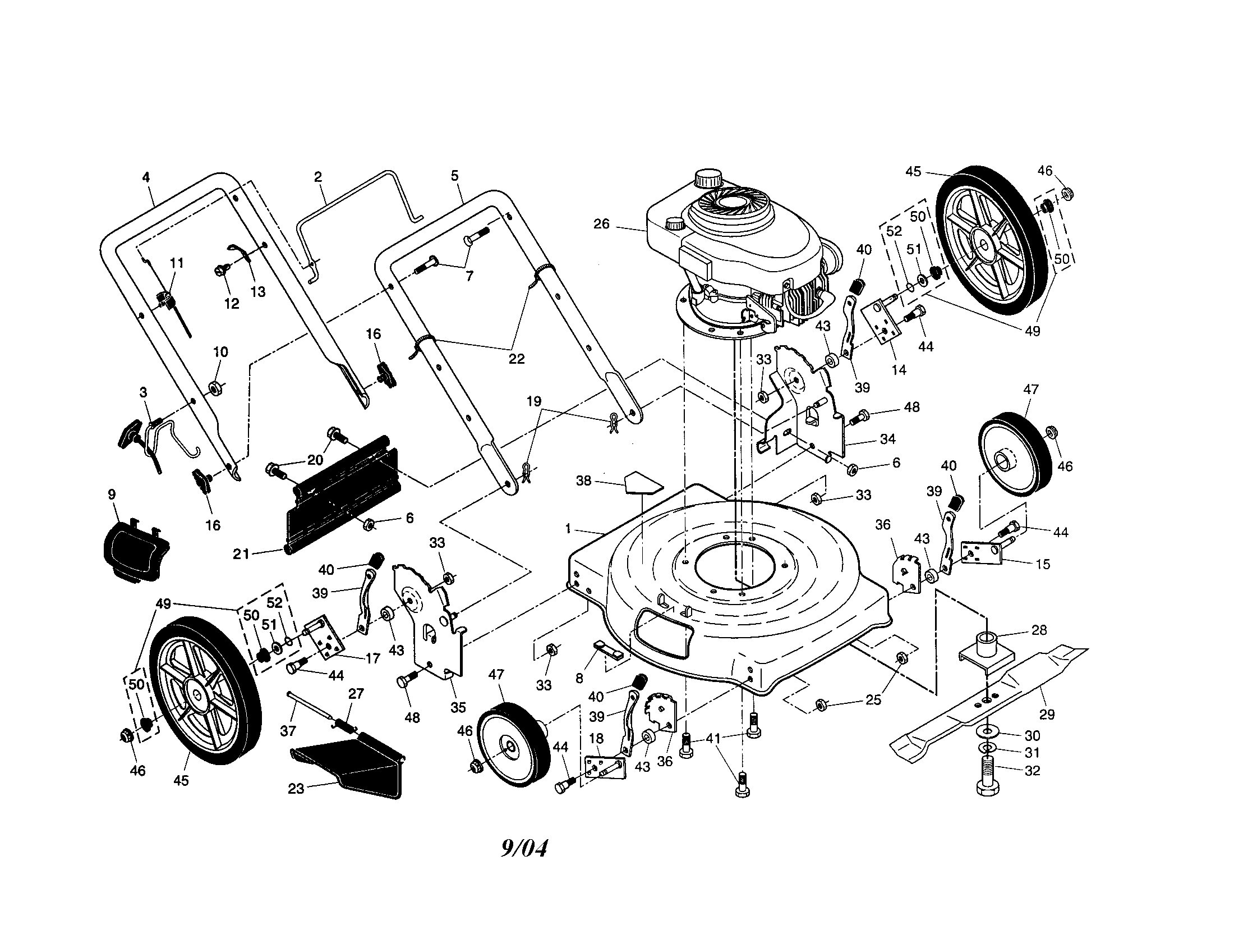 Engine/housing/handle/wheels