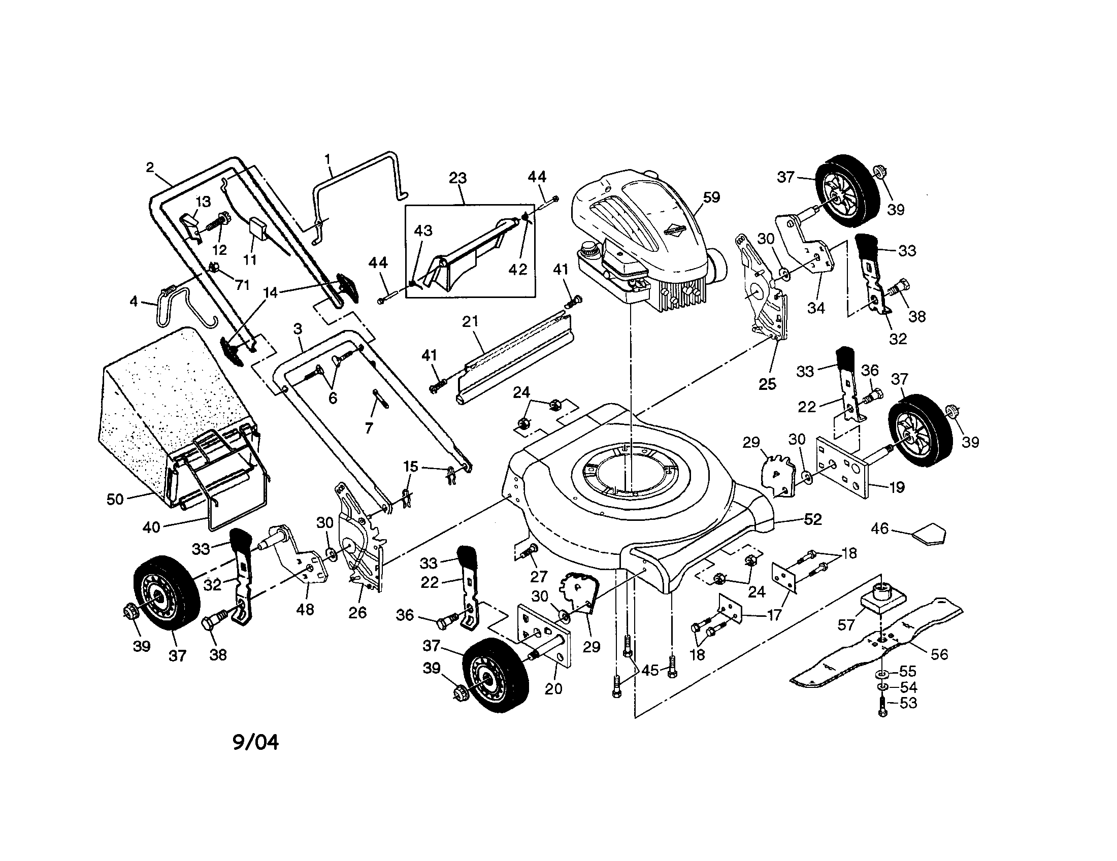 Engine/housing/handle/wheels