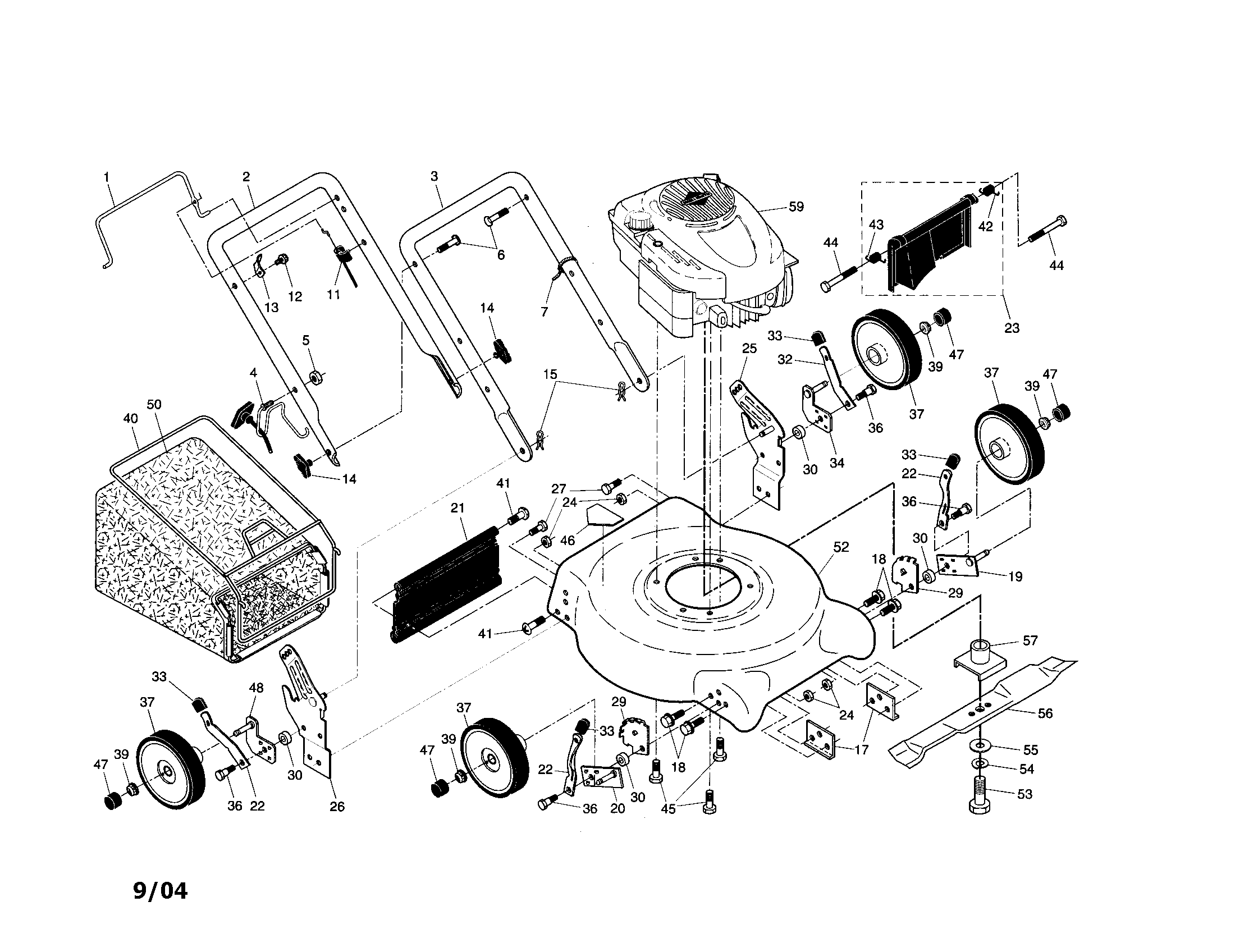 Engine/housing/wheels/handle/bag