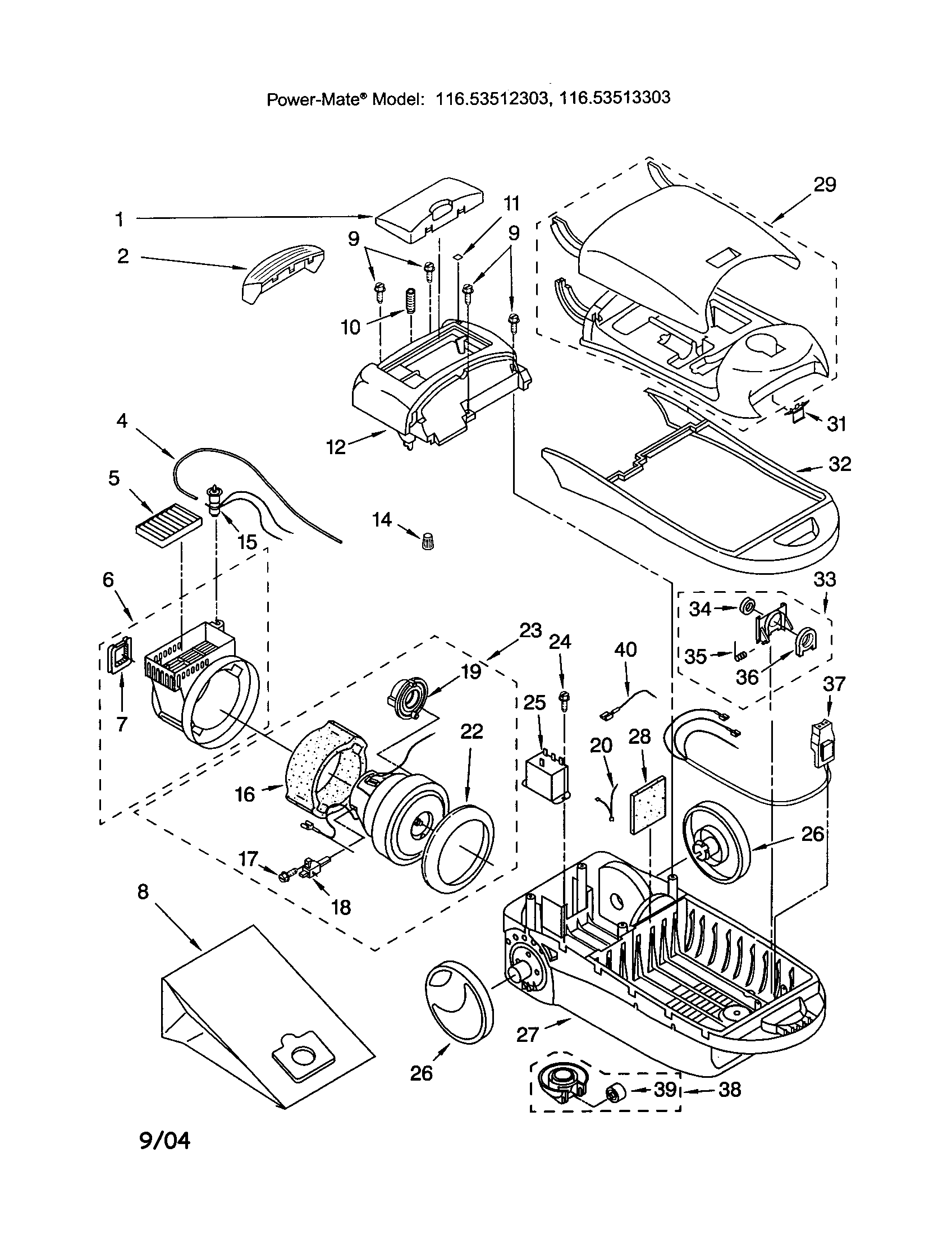 Motor, fan/wheels/base/dust box