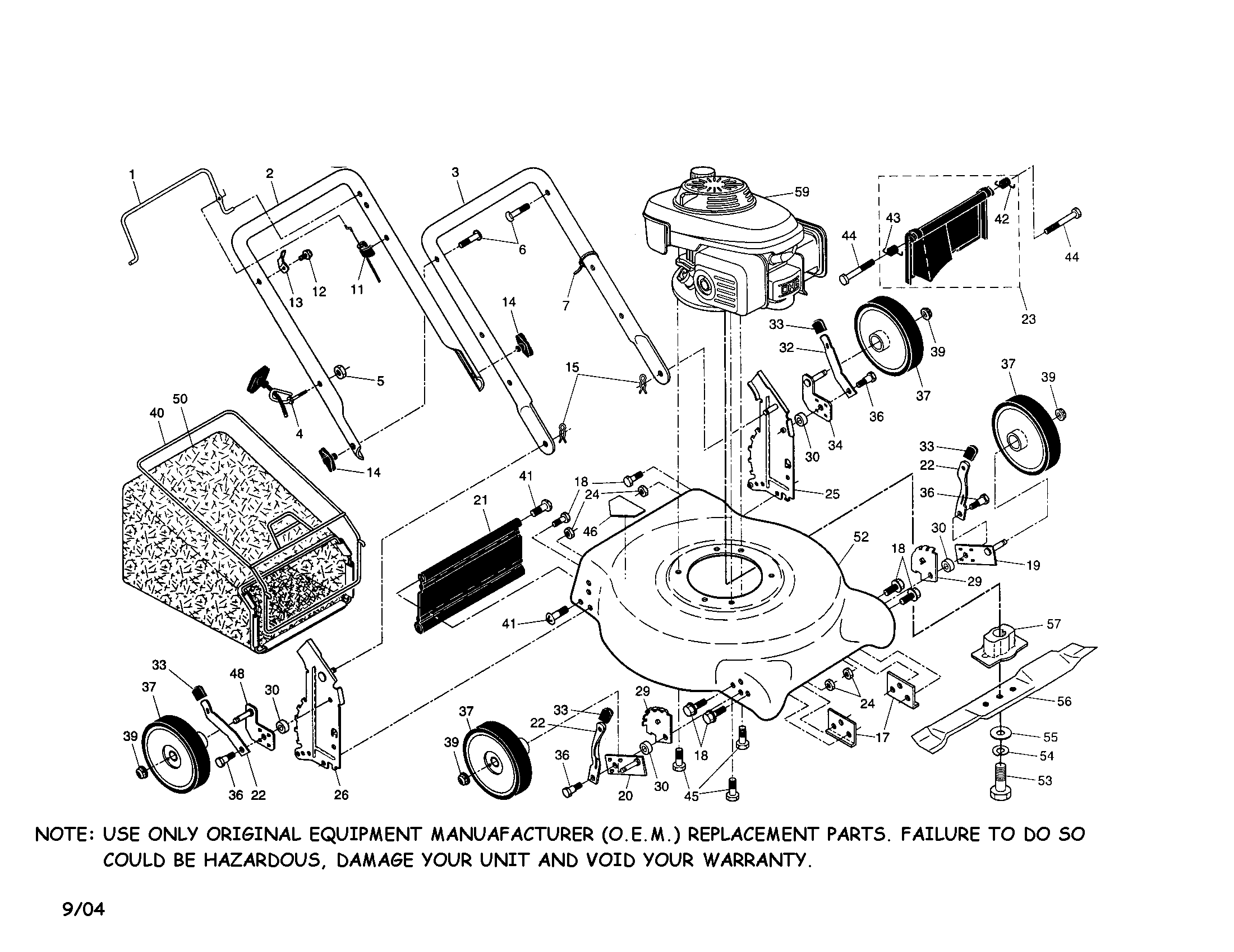Engine/bag/housing/handle/wheels