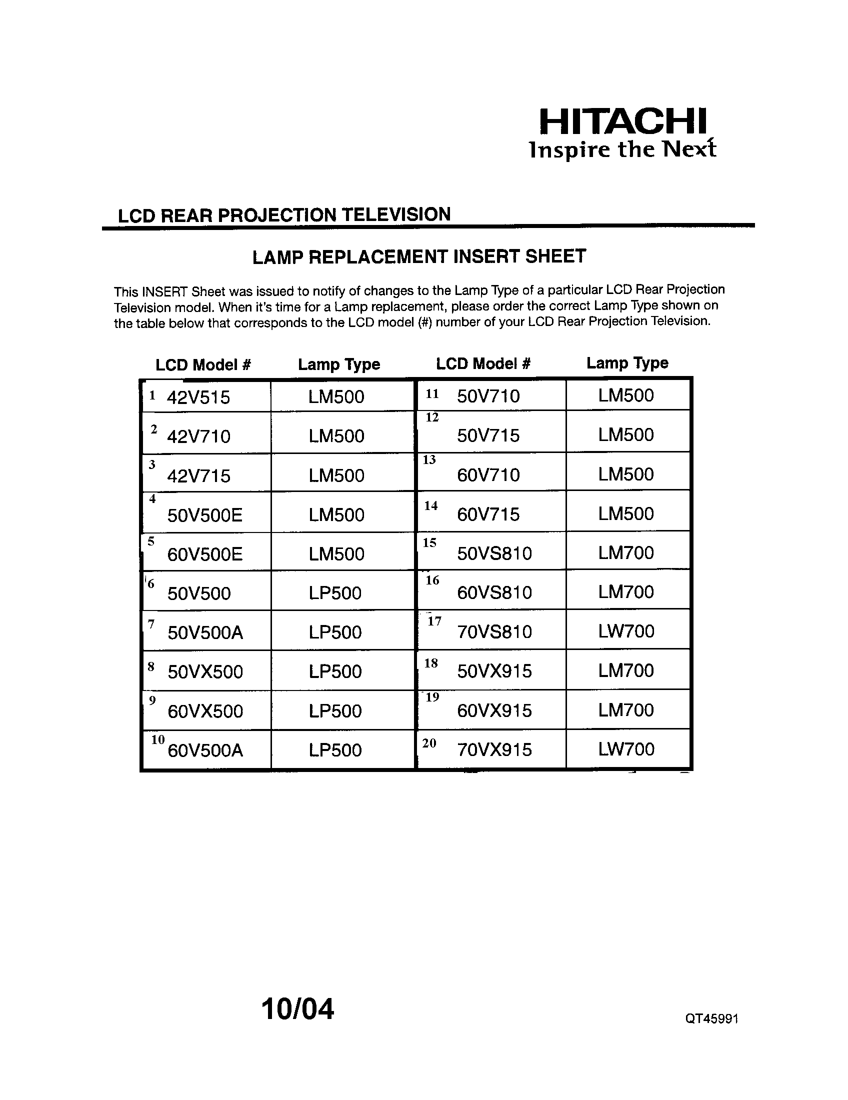 LAMP REPLACEMENT INSERT SHEET