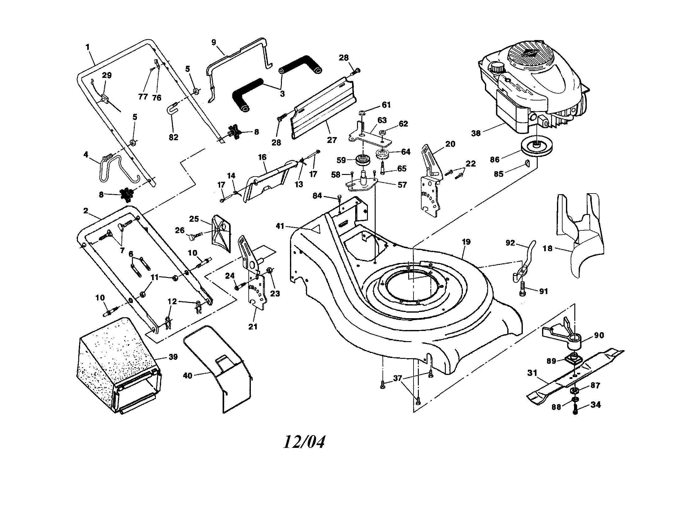 Handle/engine/housing/grassbag