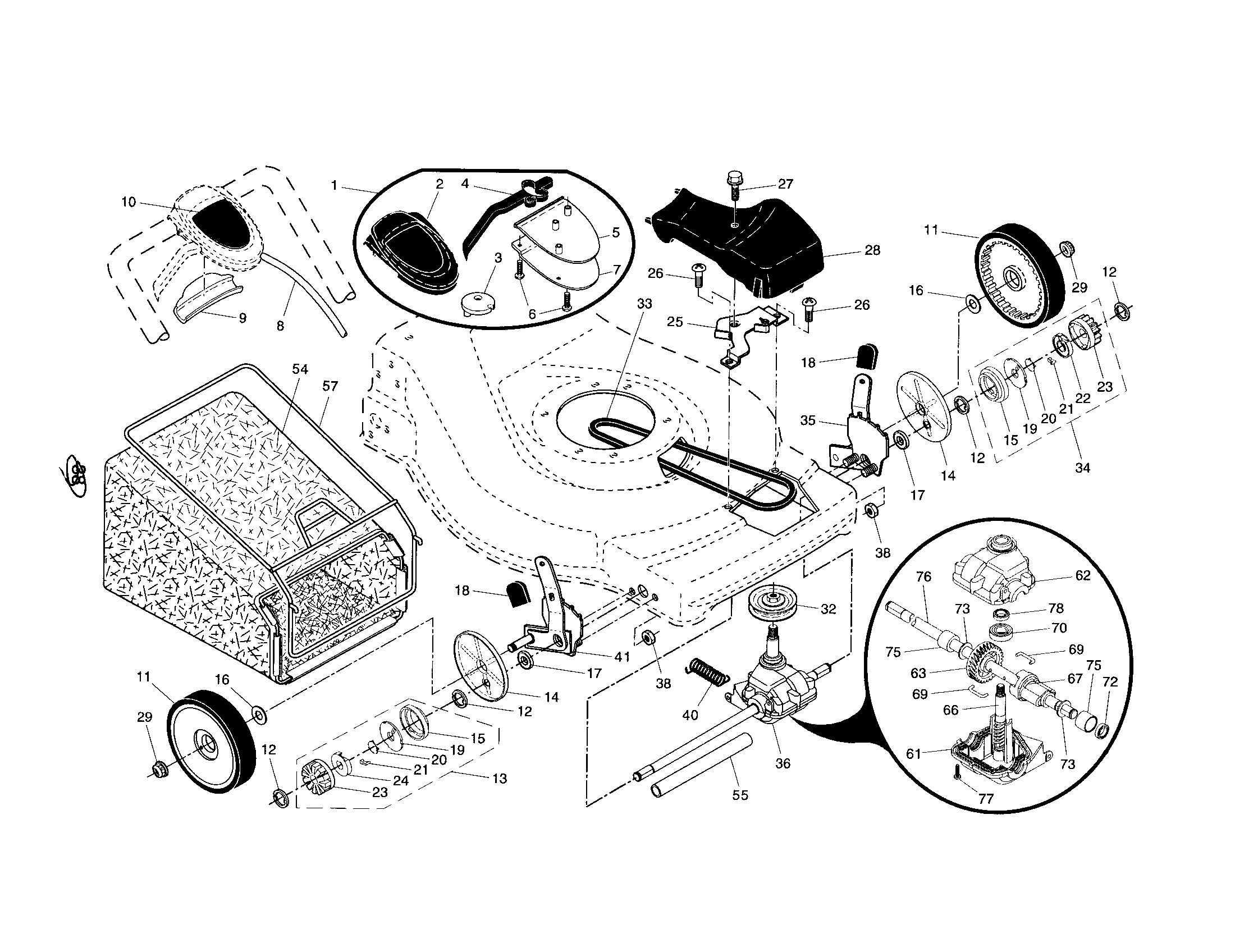 Wheels/grassbag/gearcase