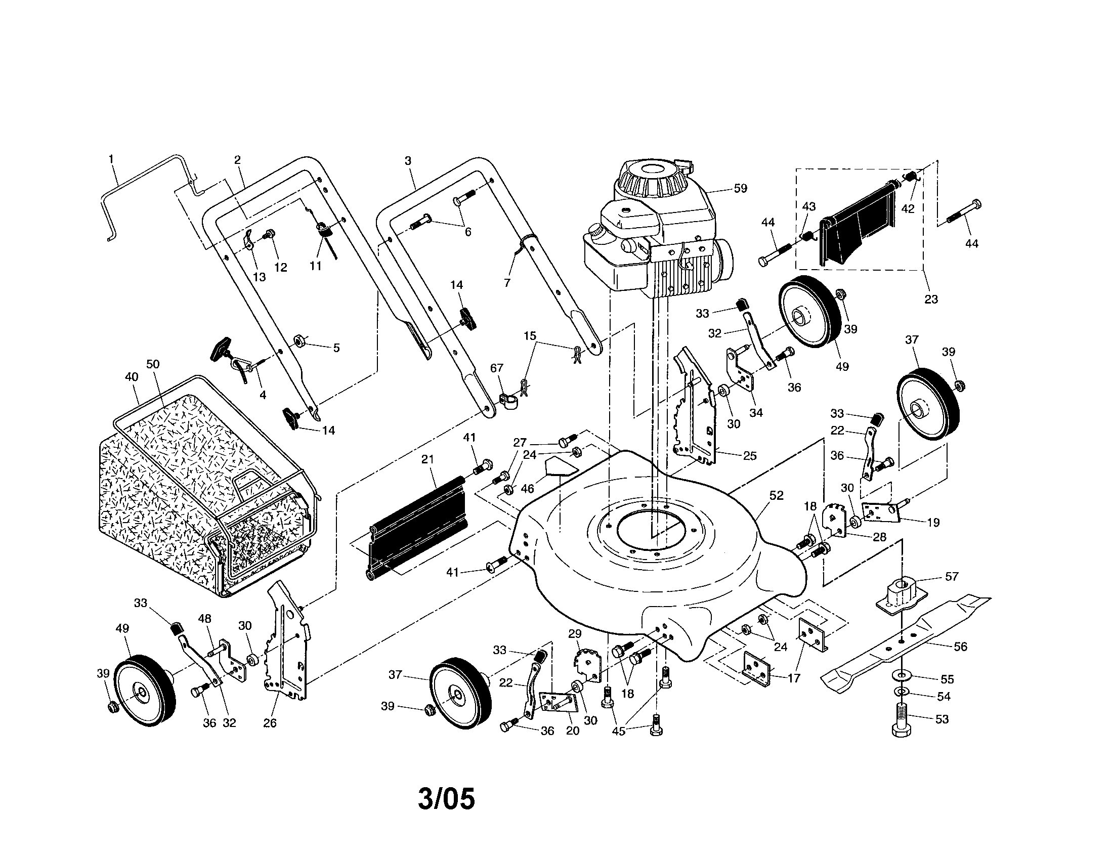 Engine/housing/handle/bag/wheels