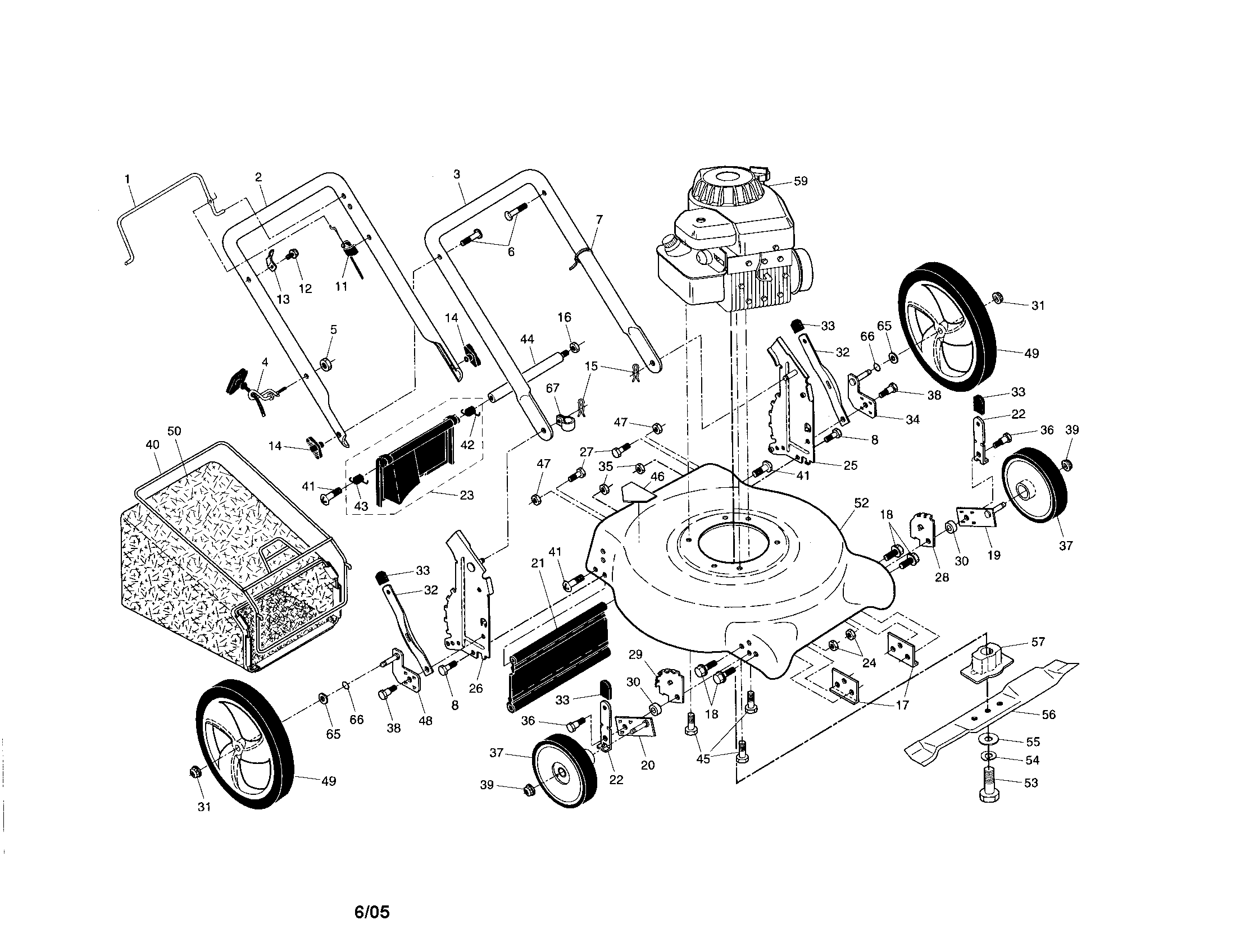 Engine/housing/handle/bag/wheels