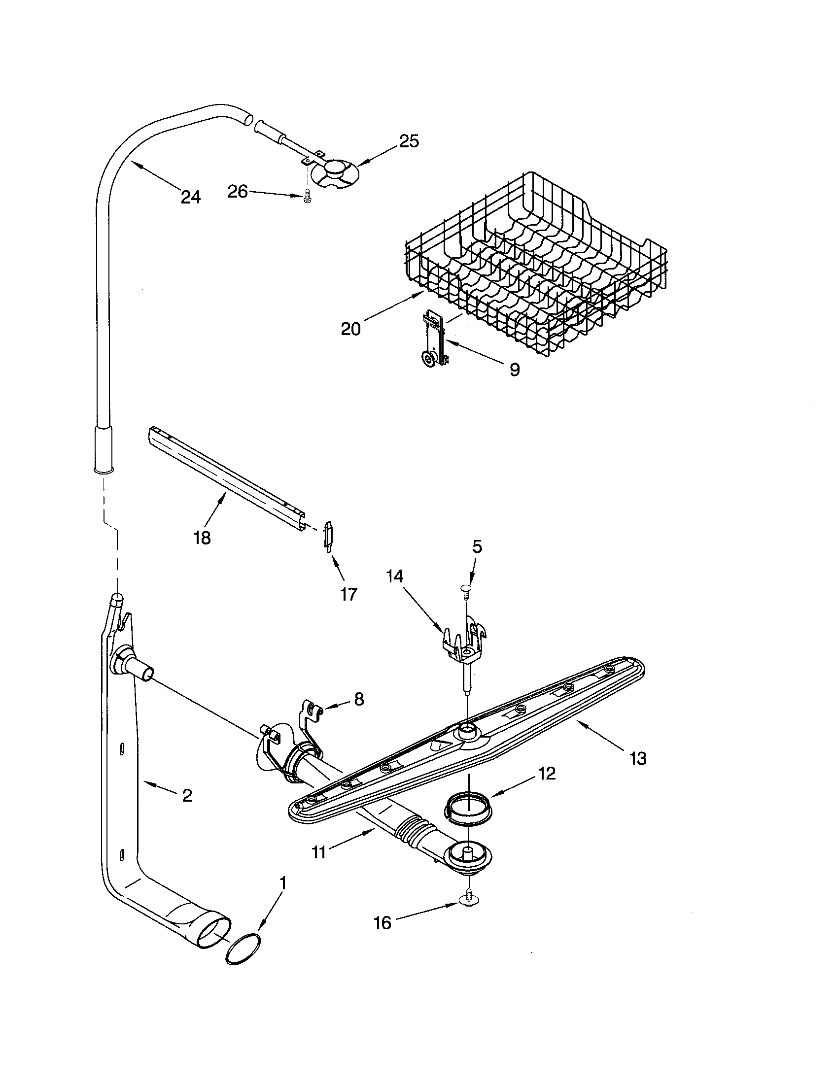 Upper dishrack and water feed