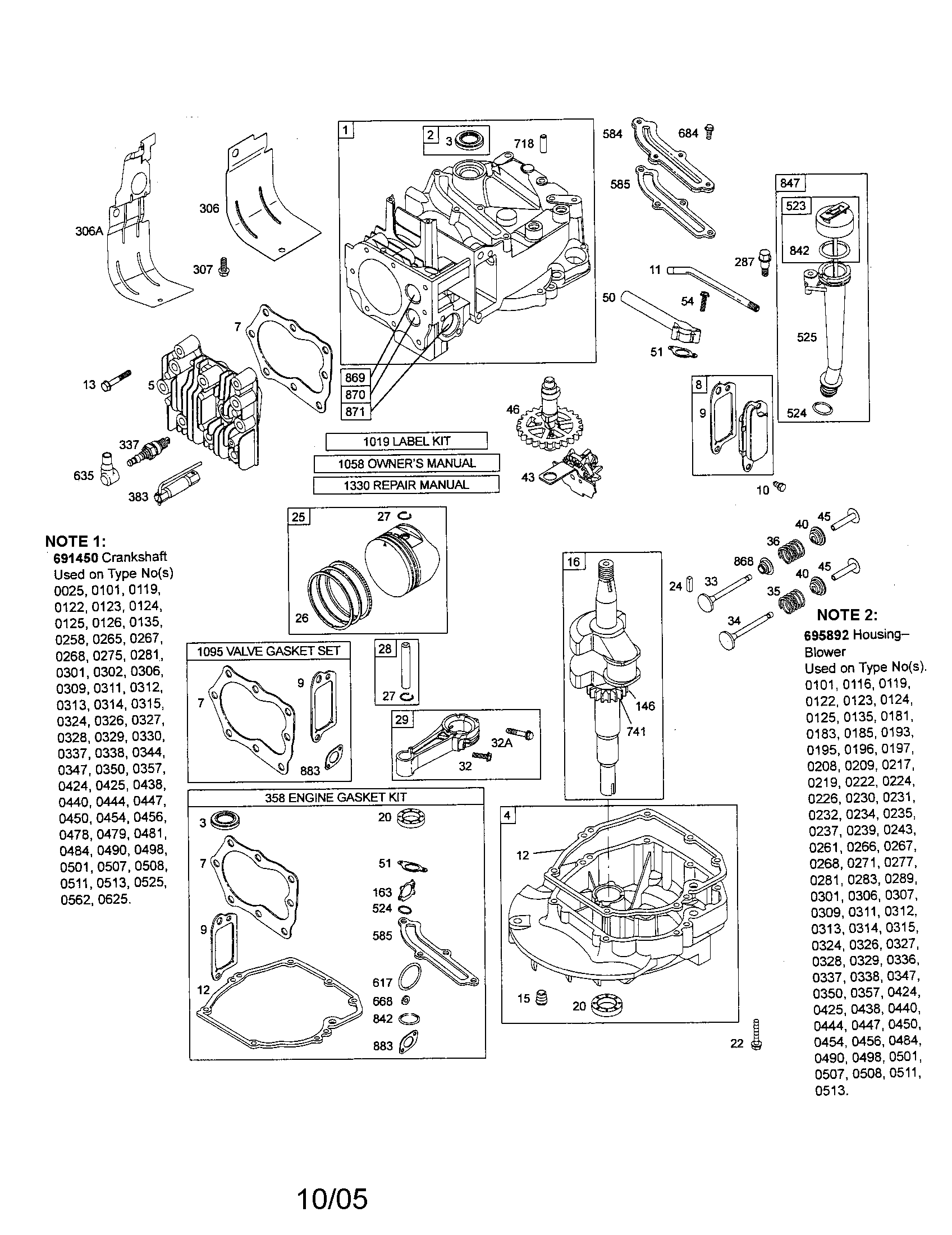 Cylinder/crankshaft/notes 1 and 2