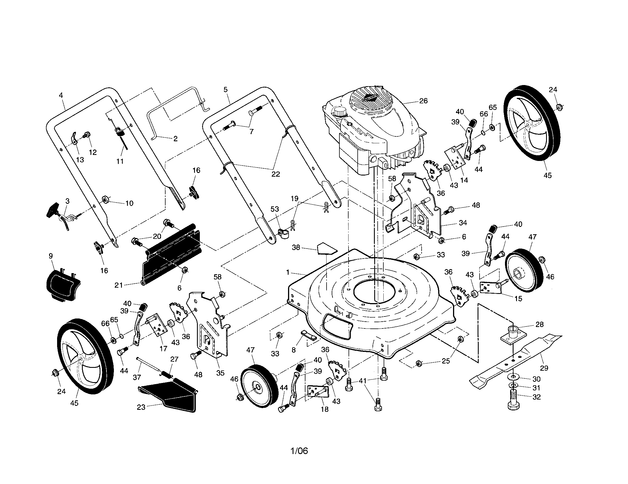 Engine/deck/handle/wheels