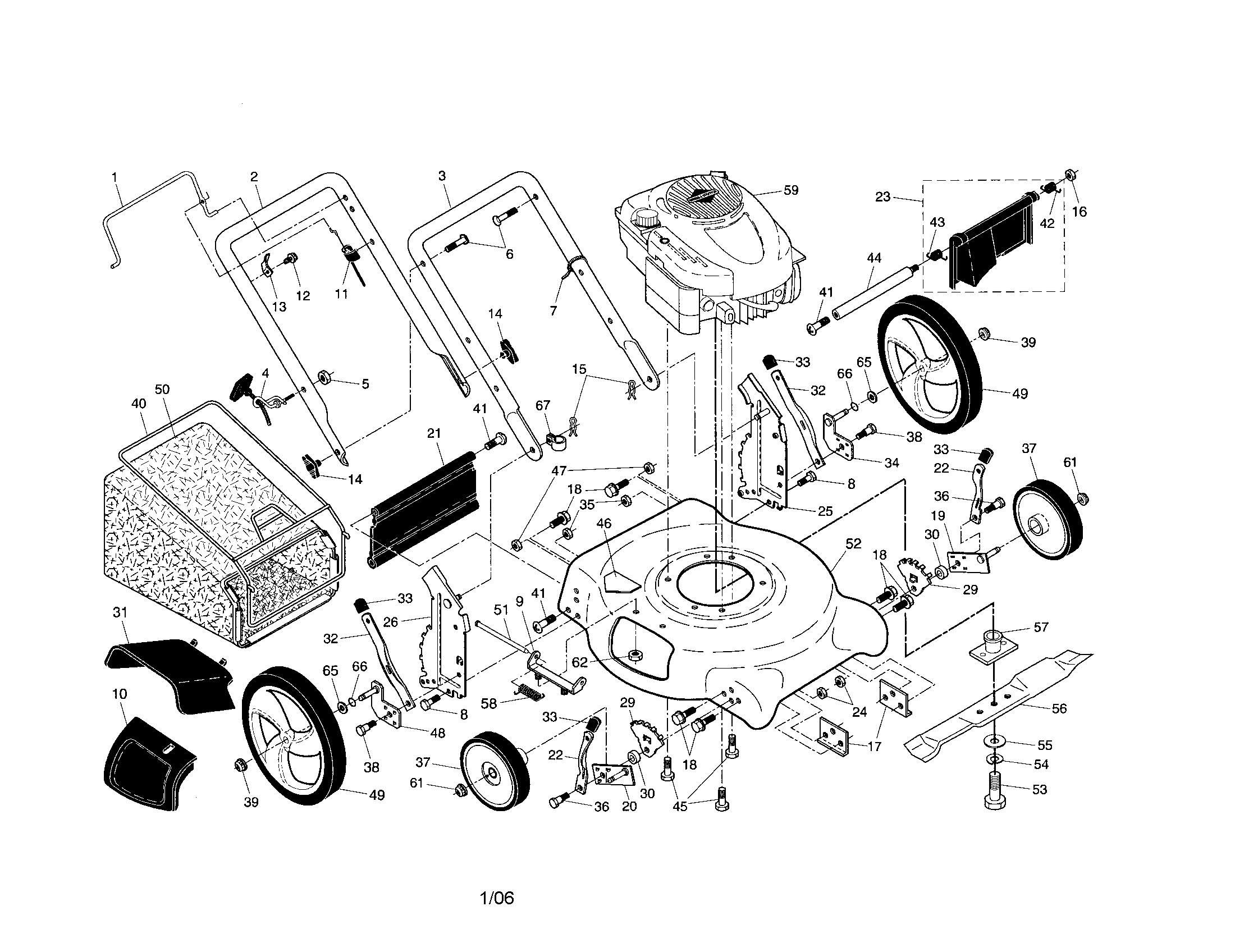 Engine/deck/handle/bag/wheels