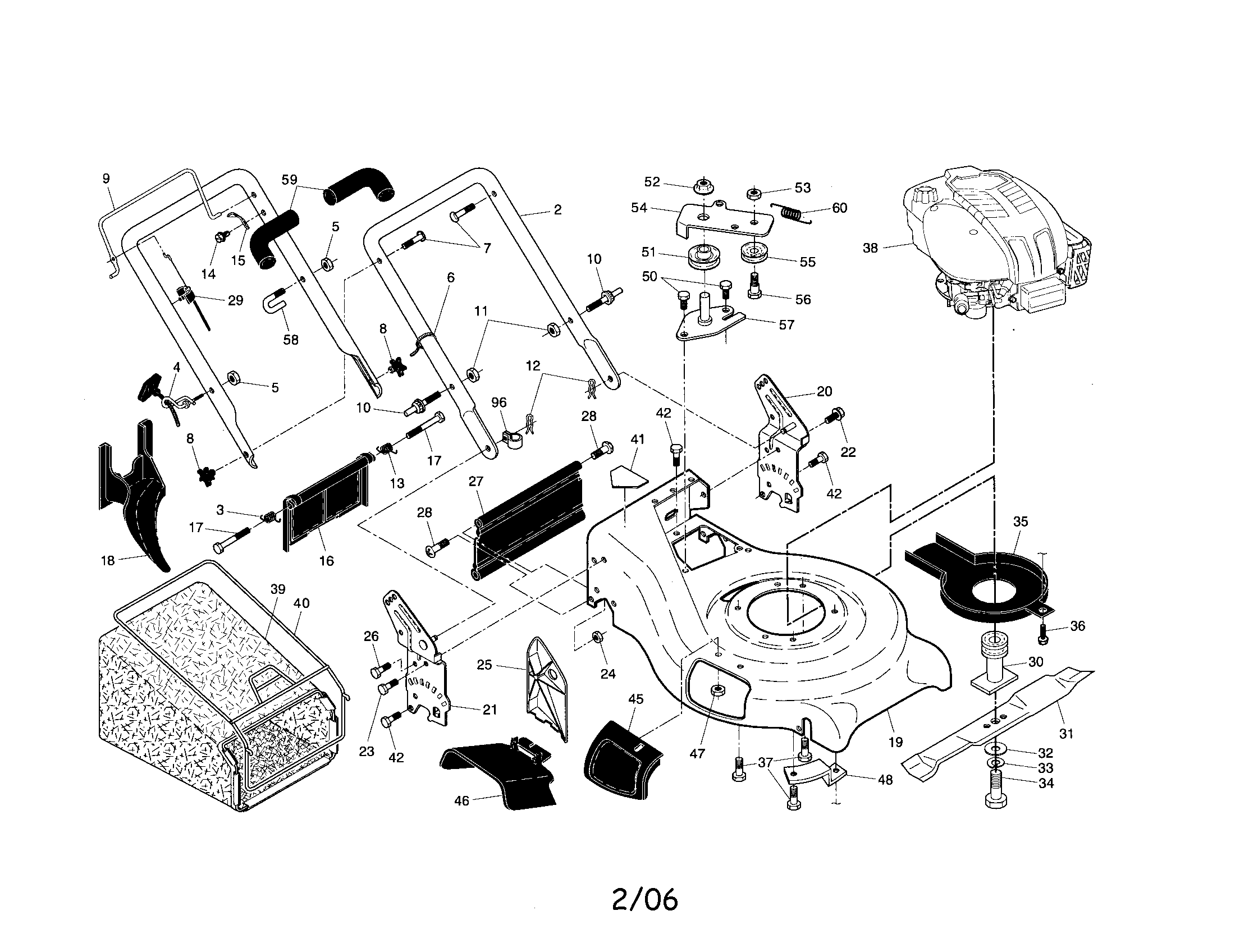 Engine/housing/handle/grassbag