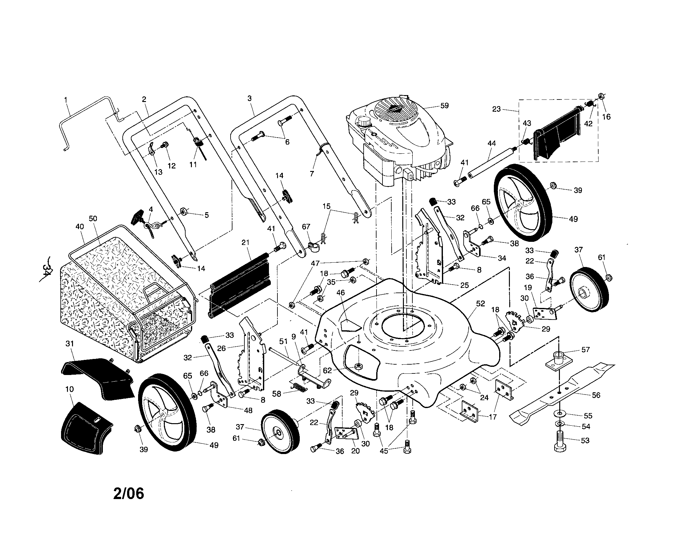 Handle/engine/wheels/bag/deck