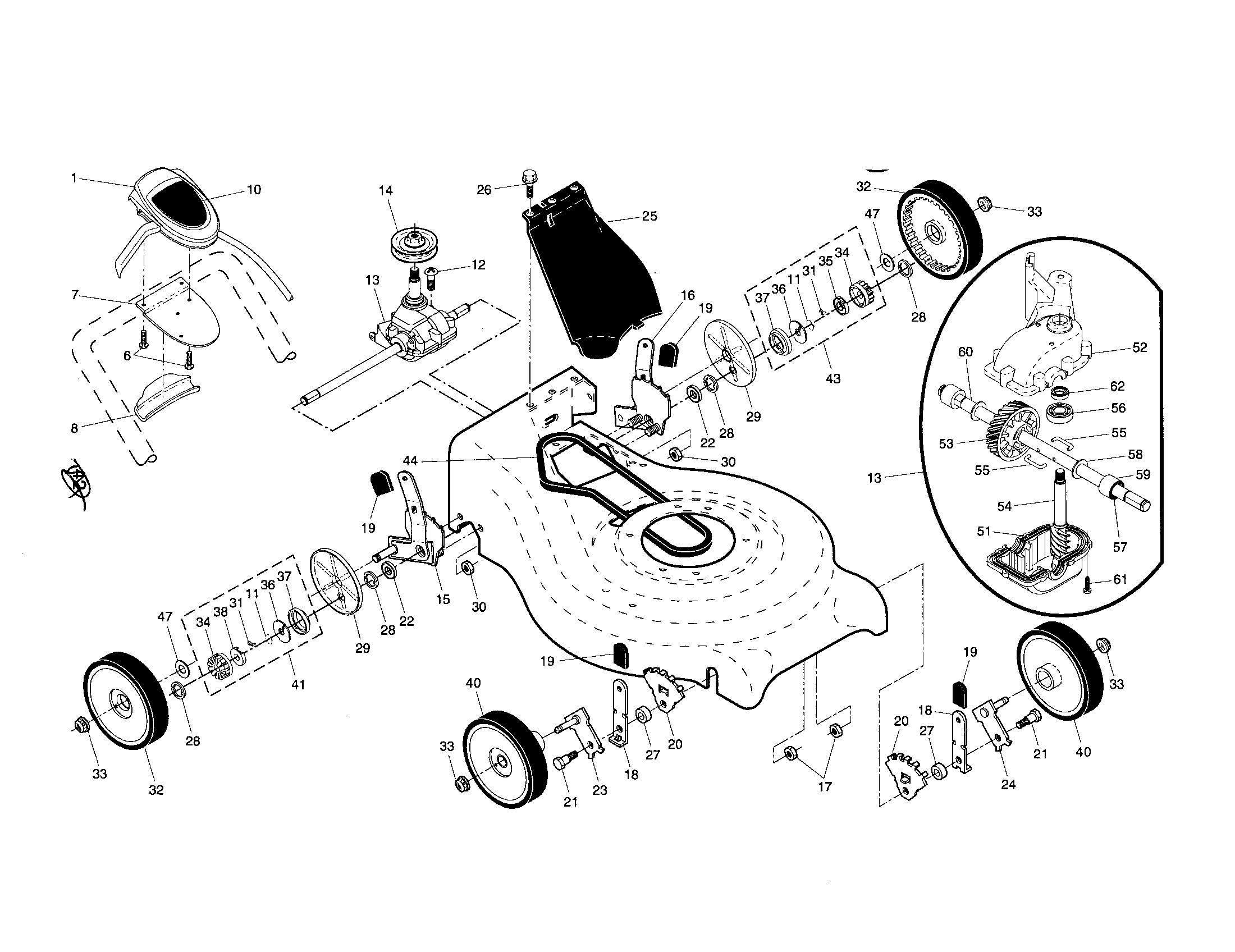 Gear case/wheels/drive control