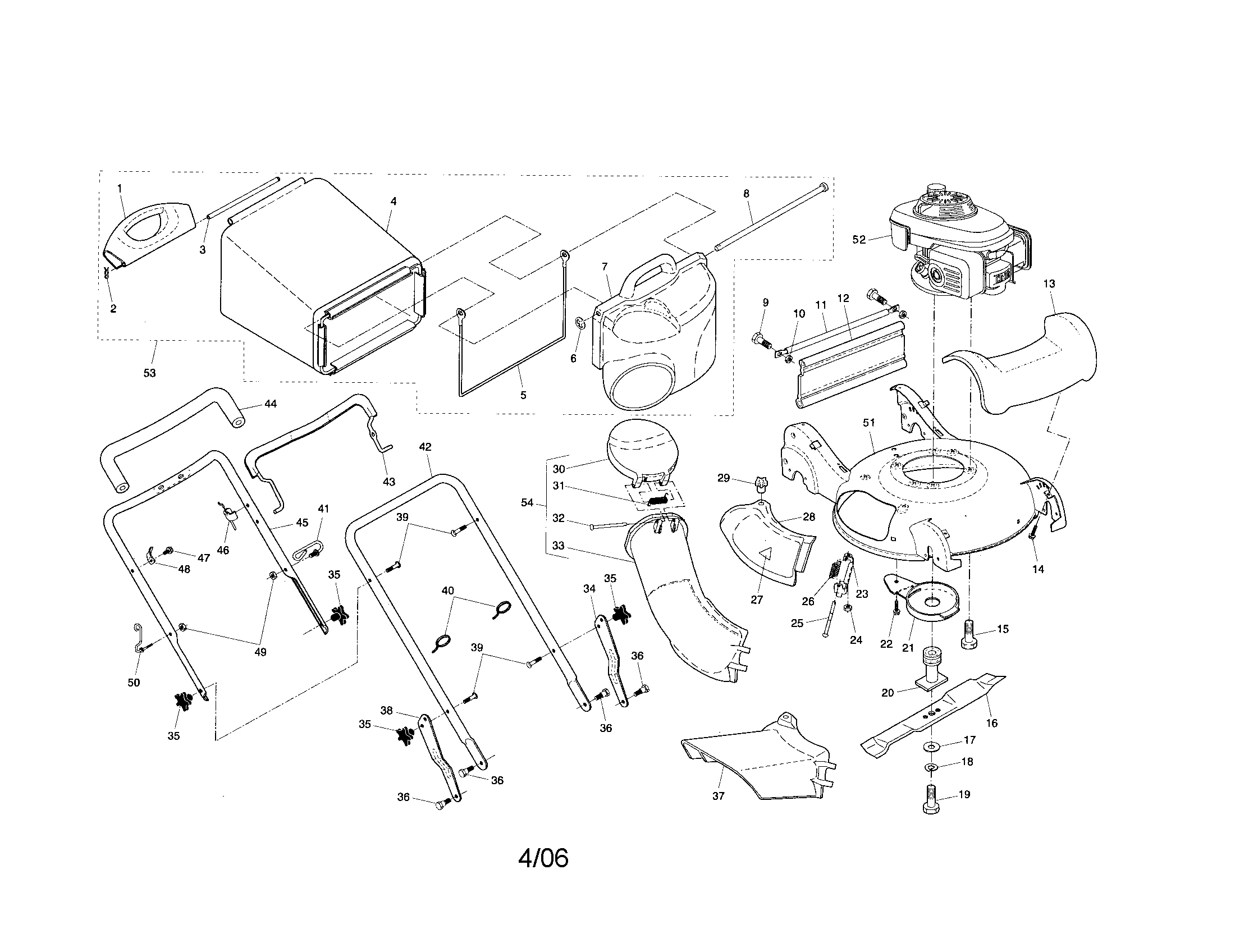 Engine/housing/handle/grassbag