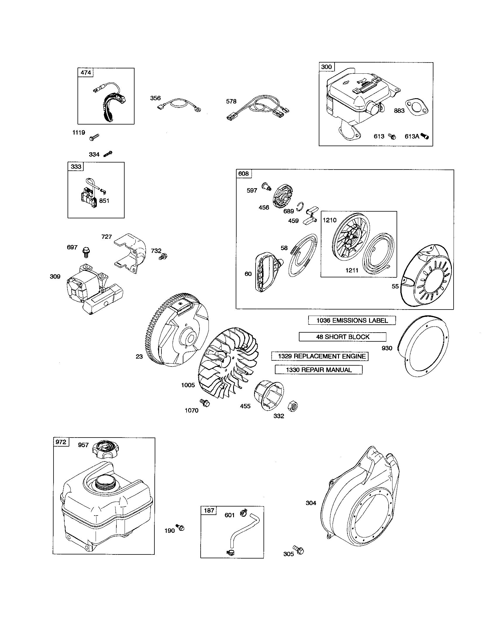Rewind starter/muffler/fuel tank