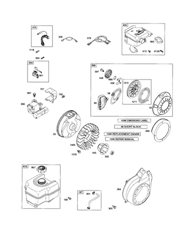 Rewind starter/muffler/fuel tank