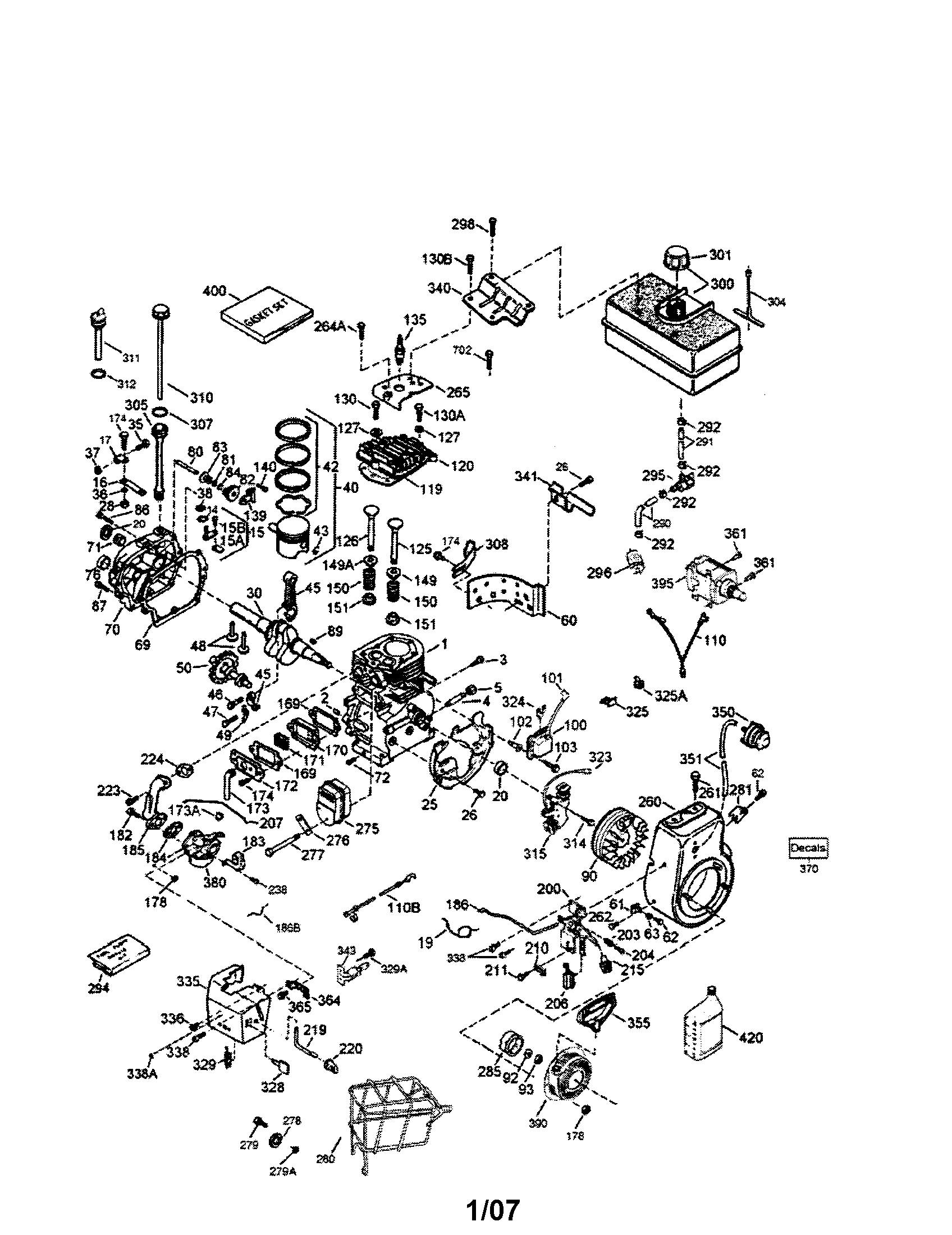 Cylinder/crankshaft/fuel tank