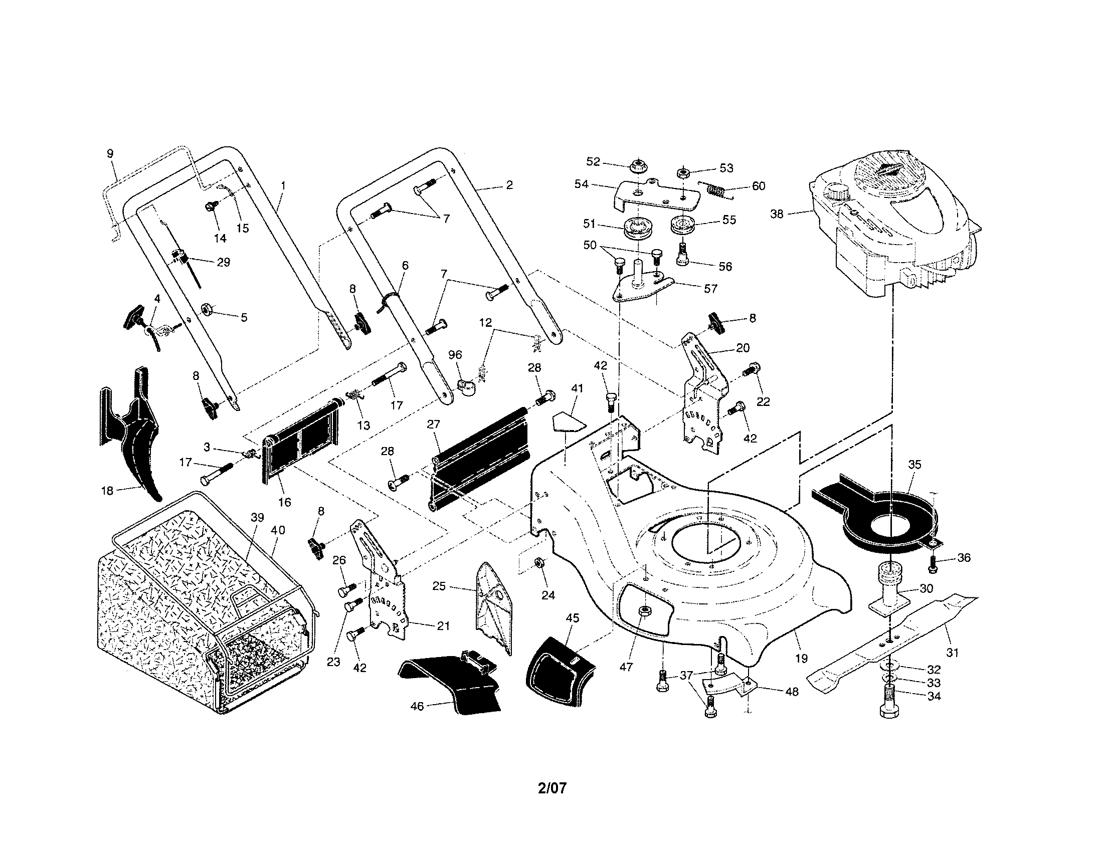 Handle/engine/housing/grass bag