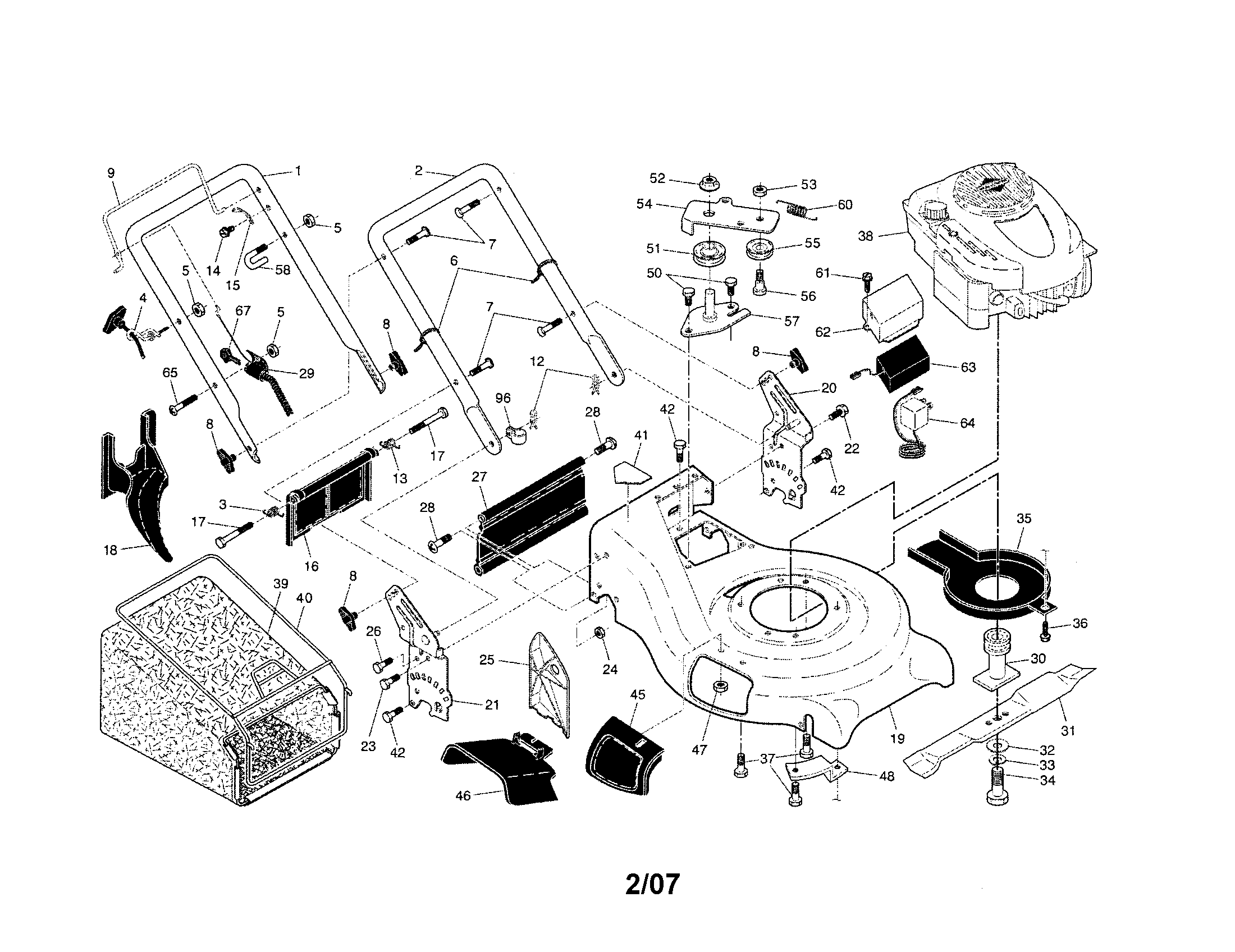 Handle/engine/housing/grassbag