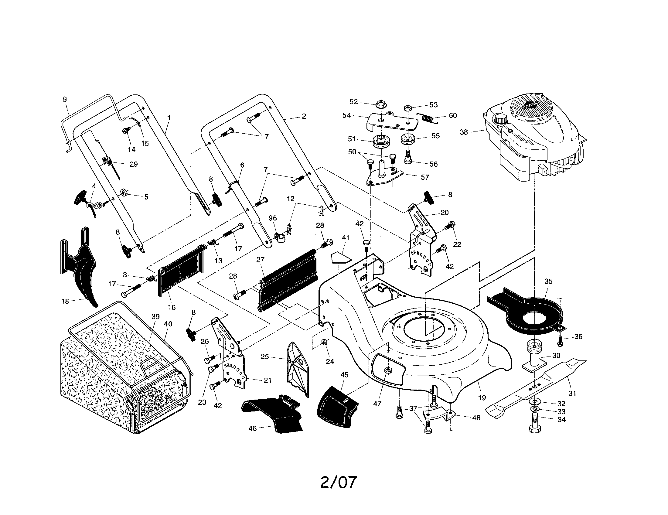 Handle/engine/housing/grassbag