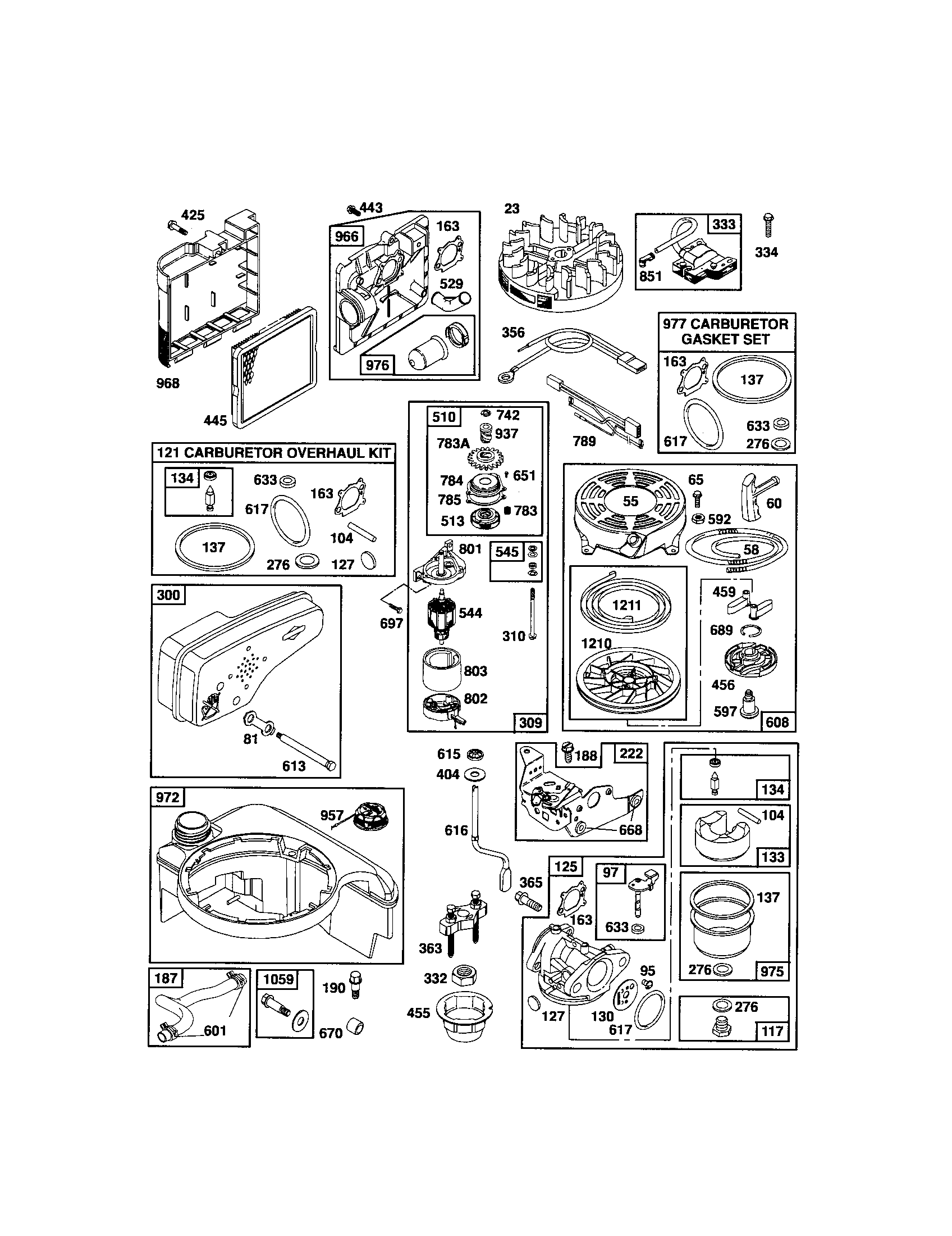 Carburetor/rewind starter/flywheel