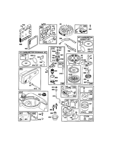 Carburetor/rewind starter/flywheel