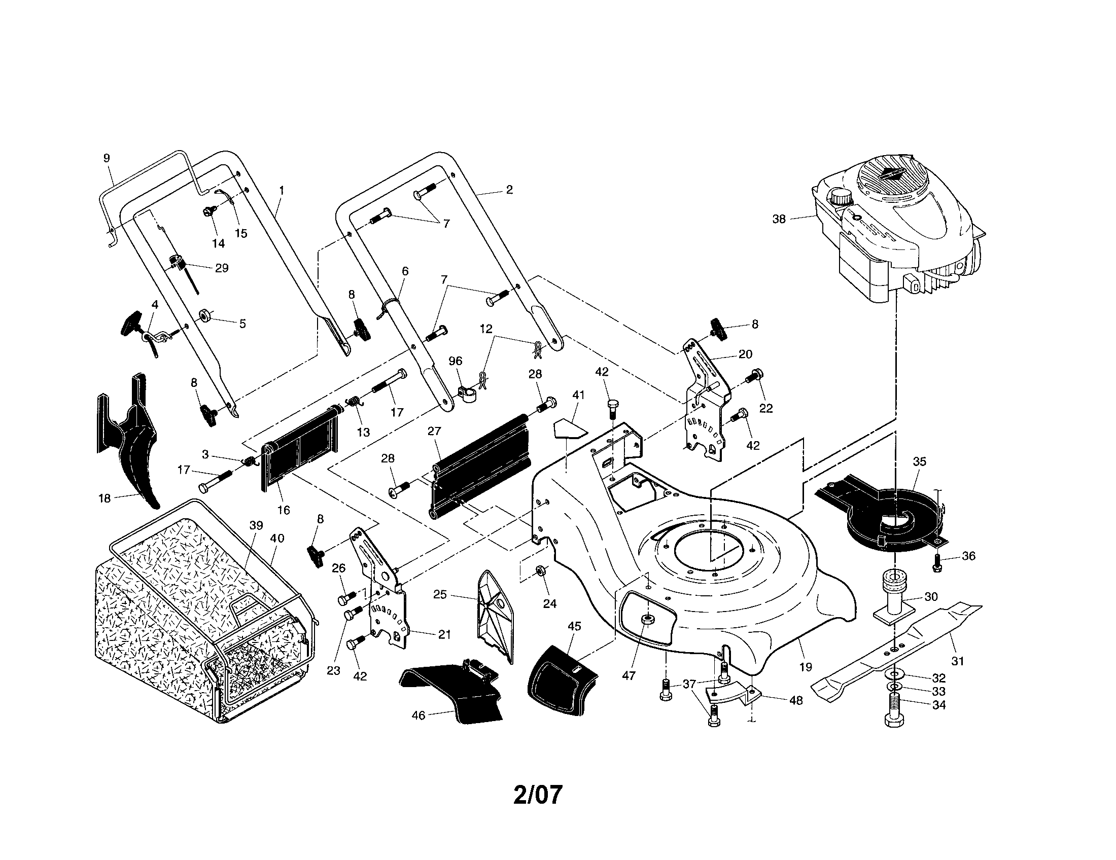 Handle/engine/housing/grassbag