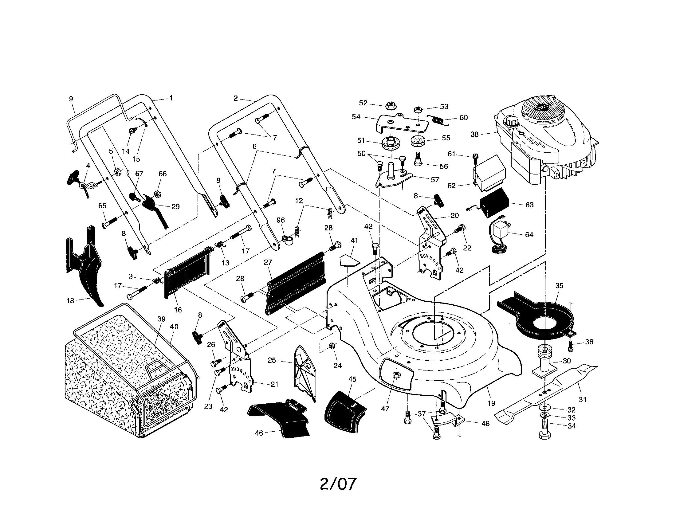Handle/engine/housing/grassbag
