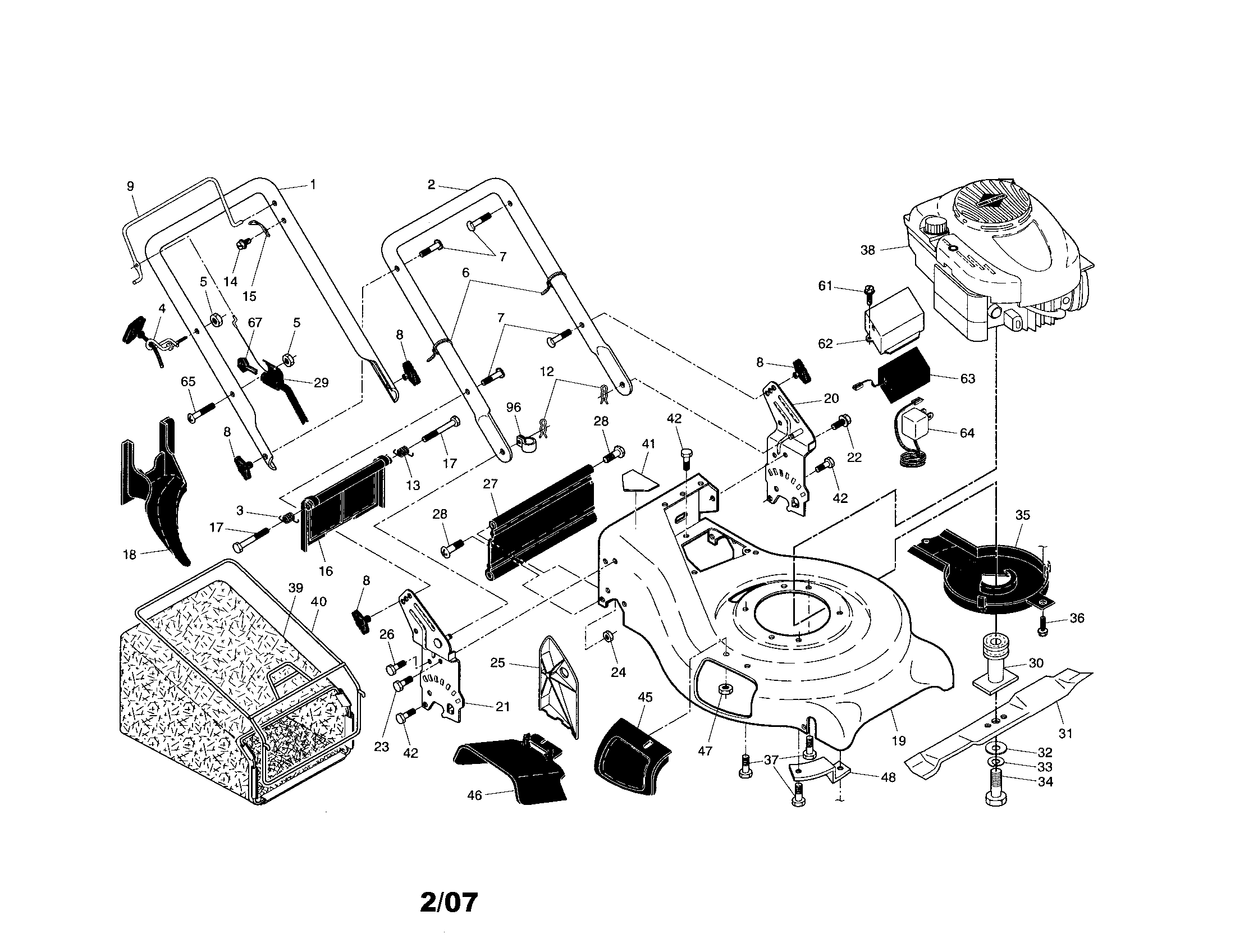 Engine/housing/handle/grassbag