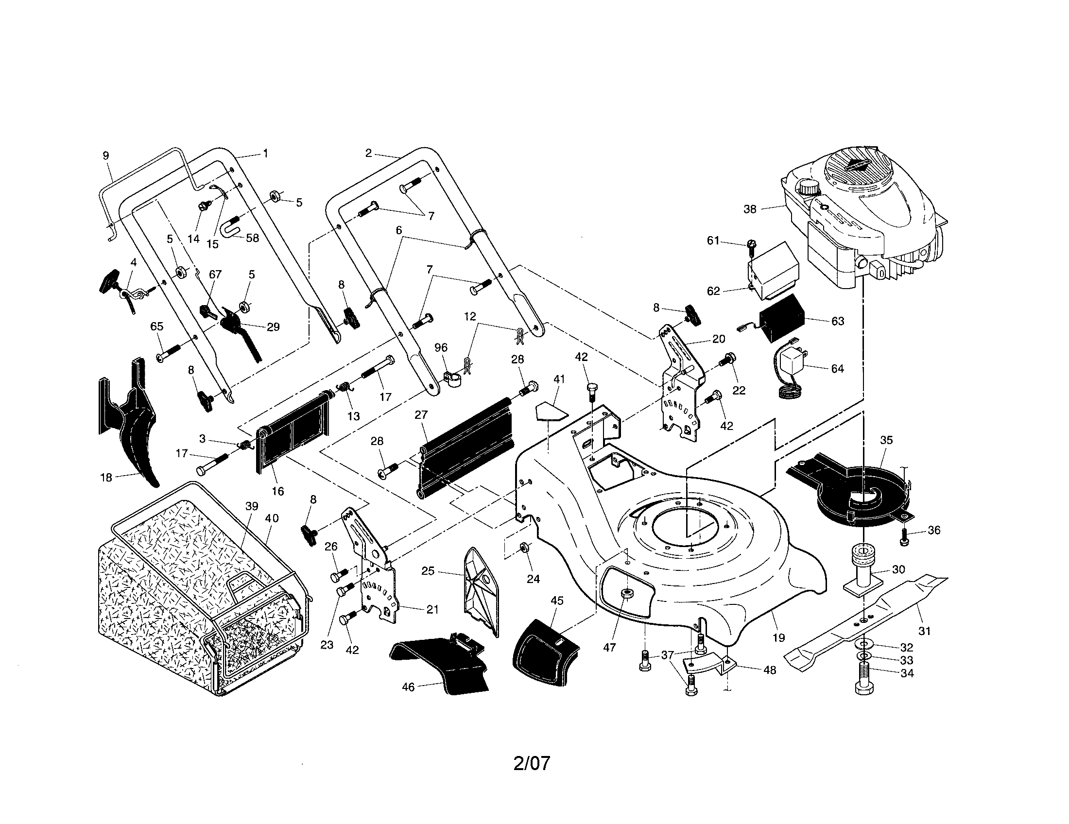 Engine/housing/handle/grassbag