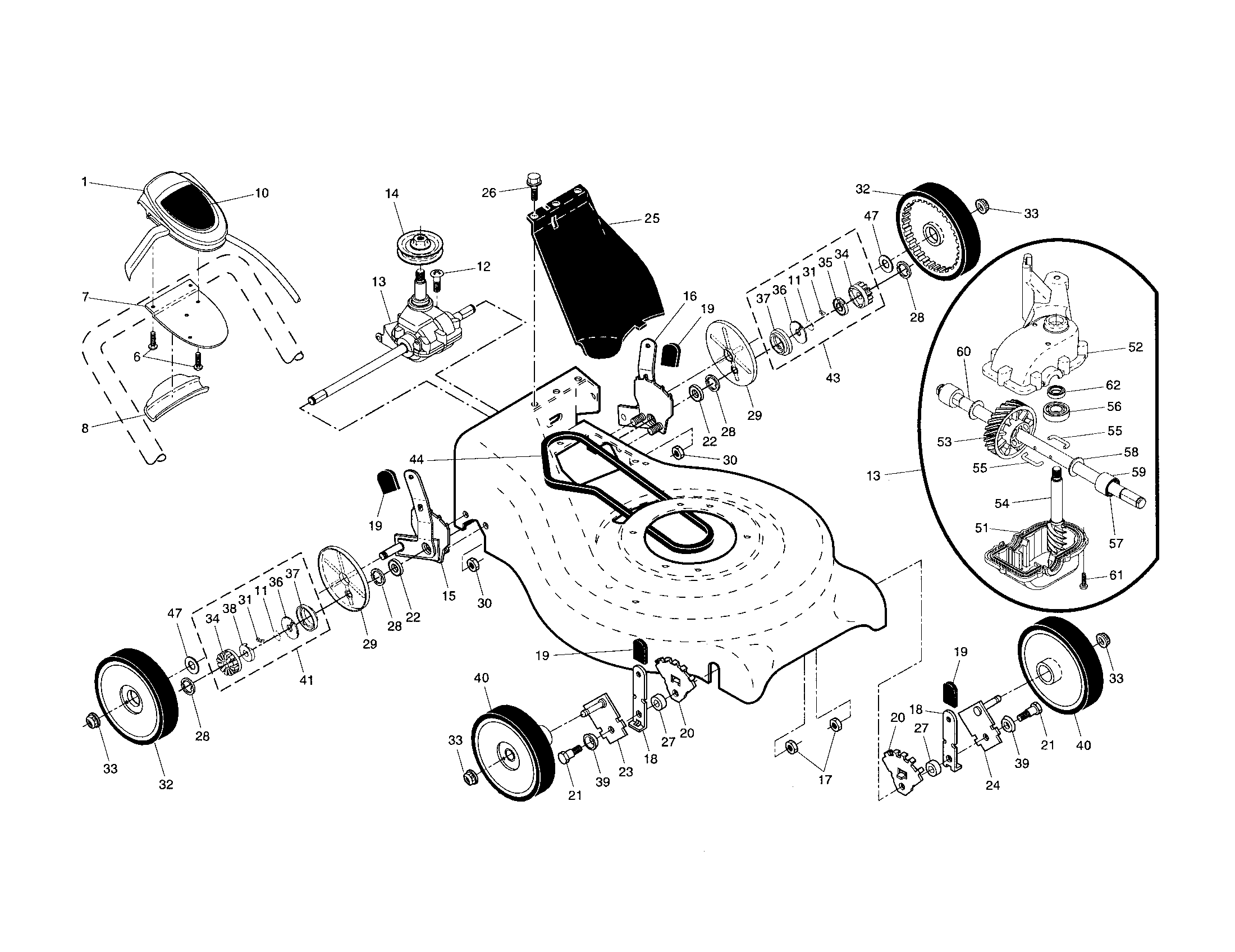 Drive control/gear case/wheels