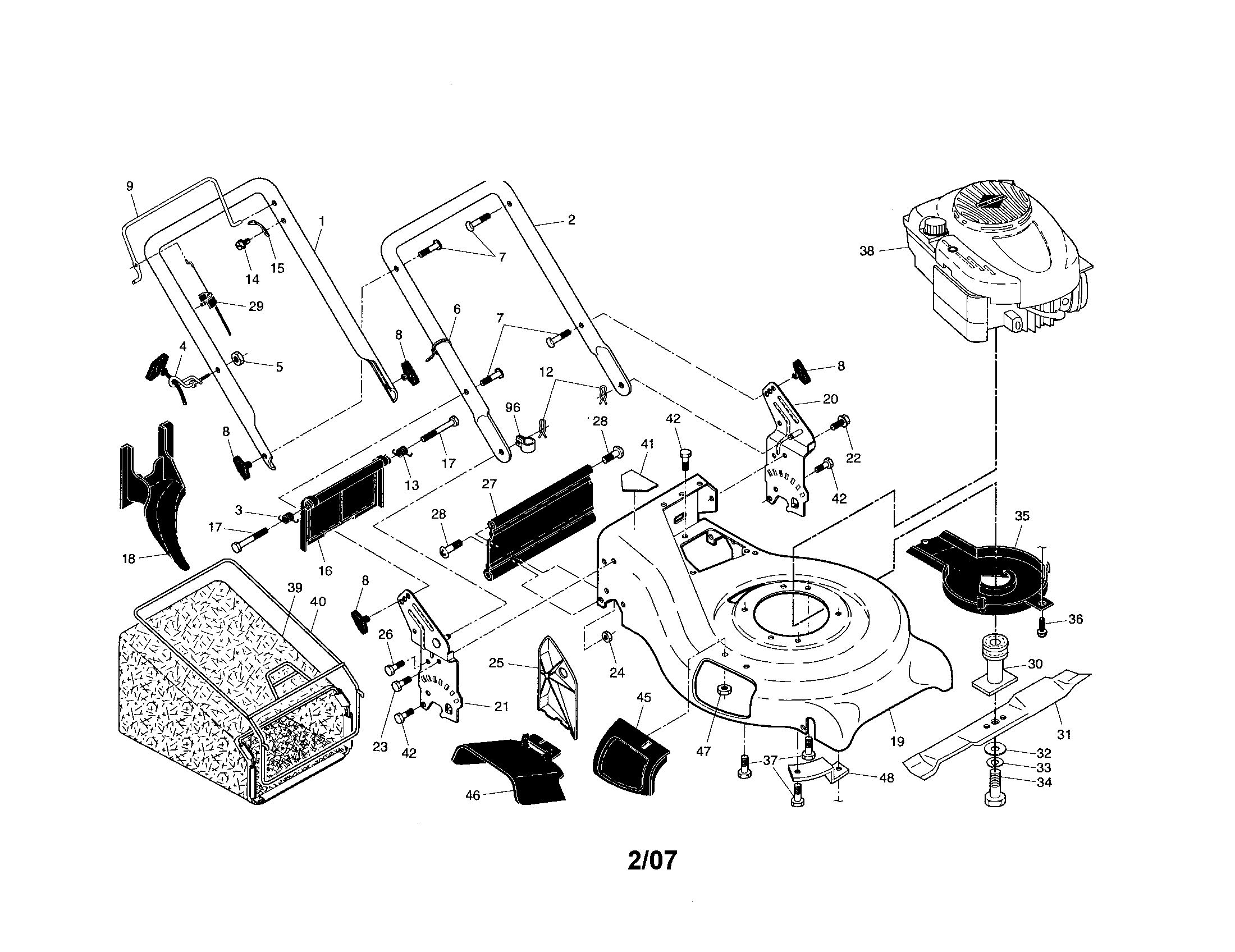 Engine/housing/handle/grassbag