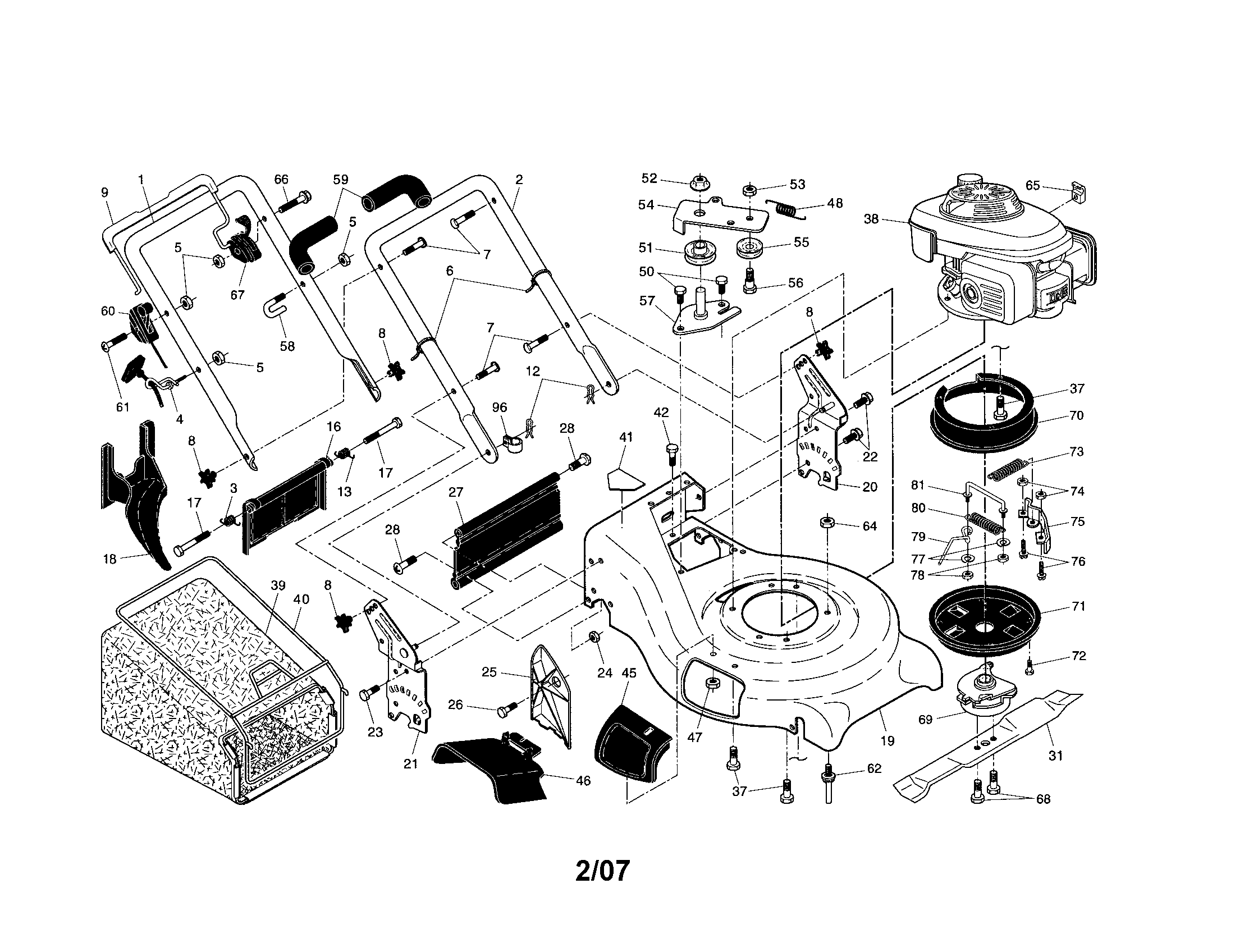 Engine/housing/handle/grassbag