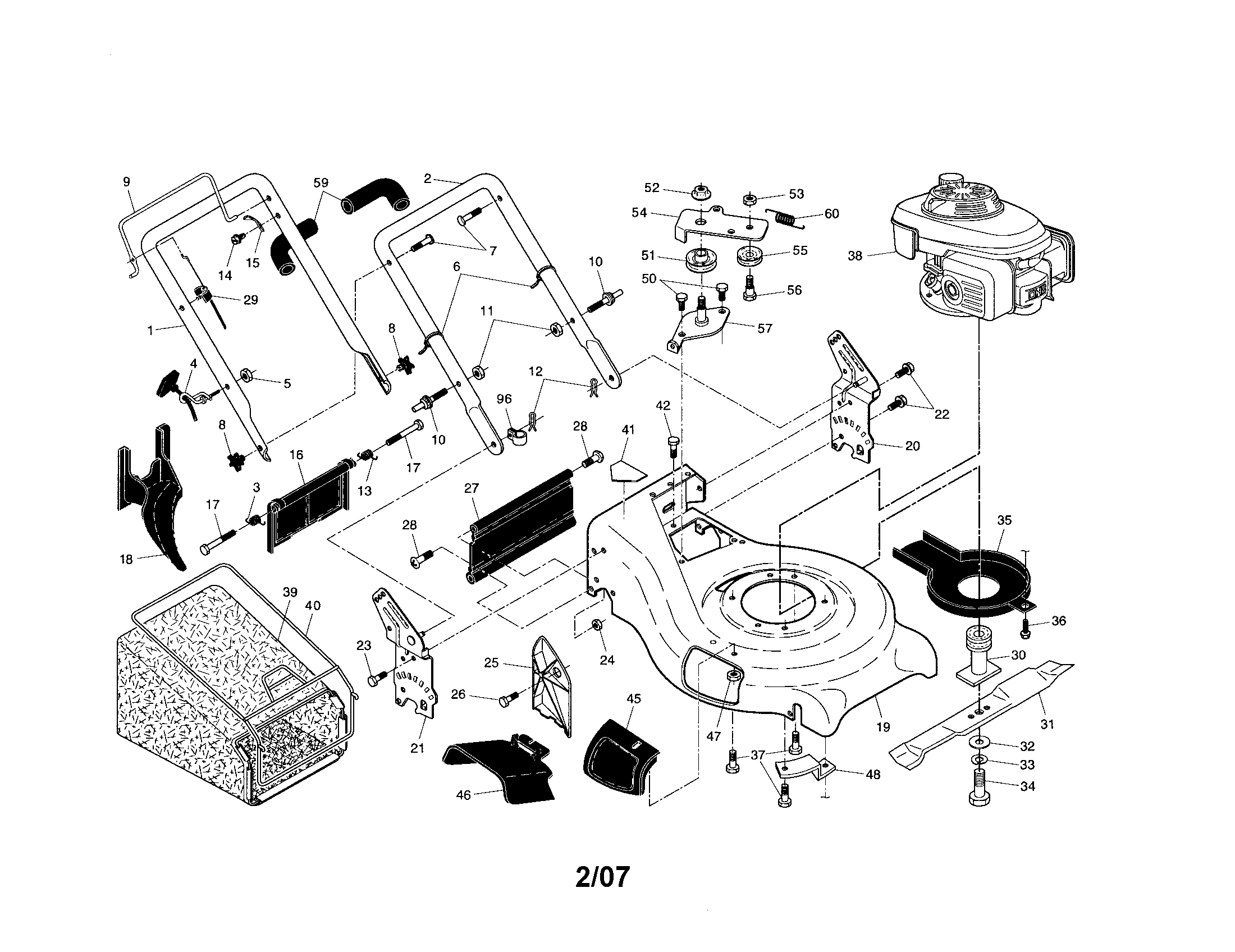 Engine/housing/handle/grassbag