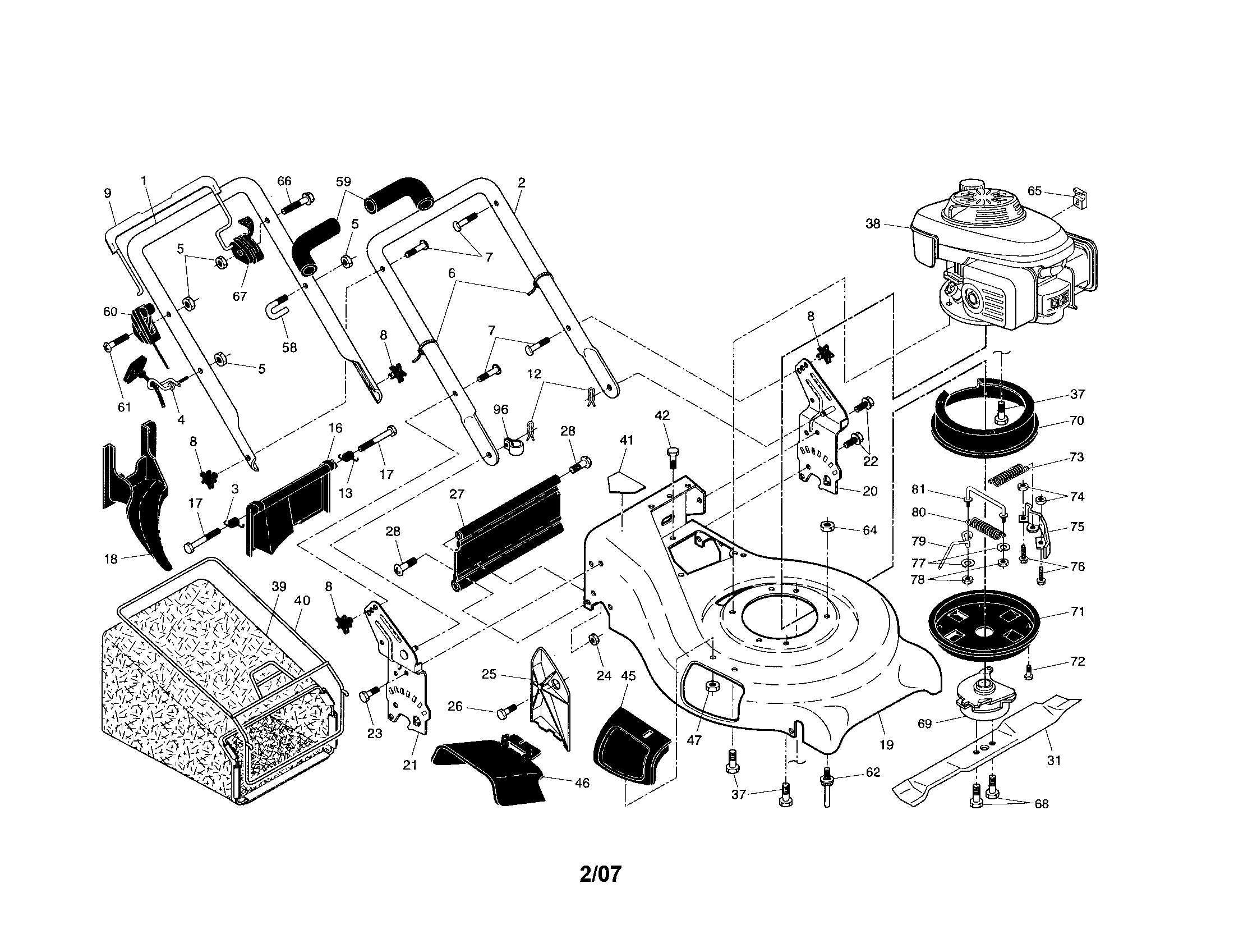 Engine/housing/handle/grassbag