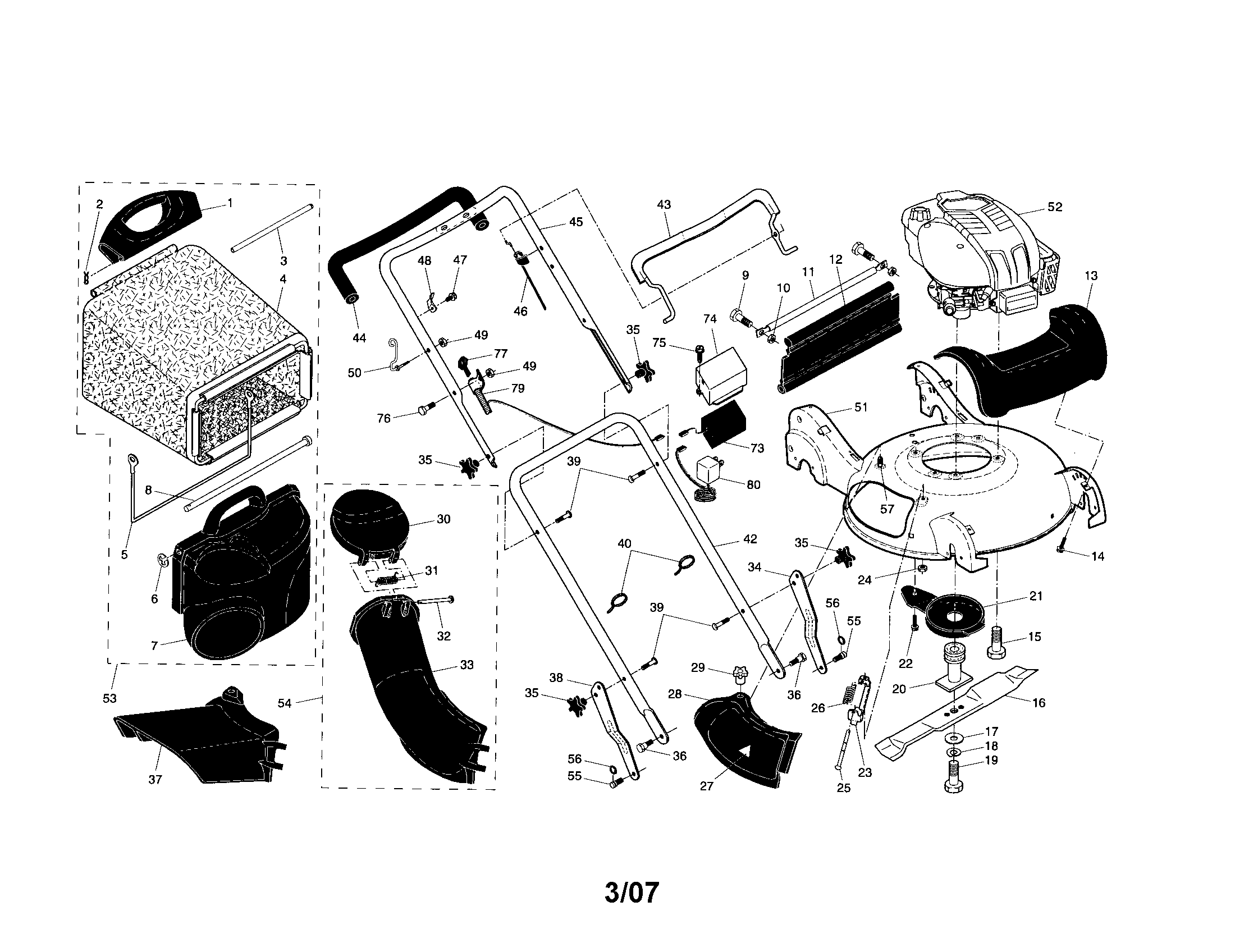 Engine/housing/handle/grassbag
