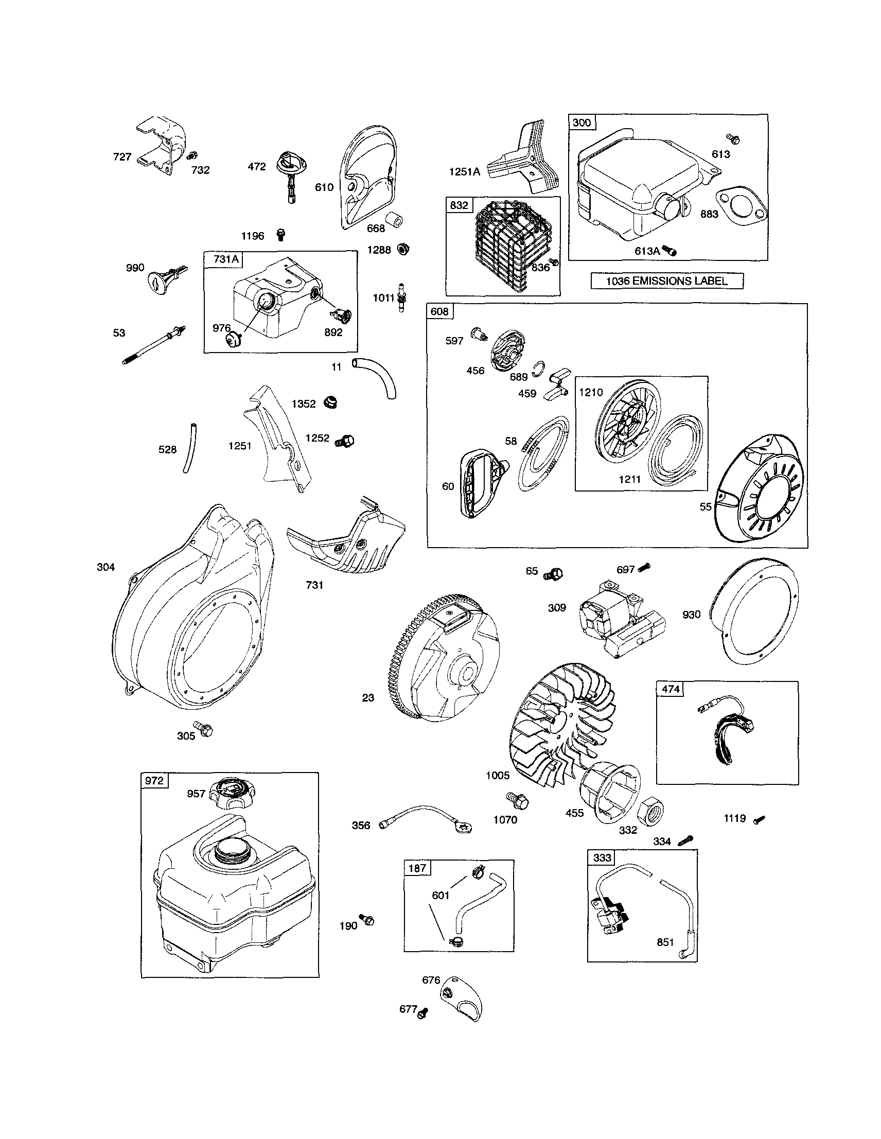 Muffler/rewind starter/fuel tank