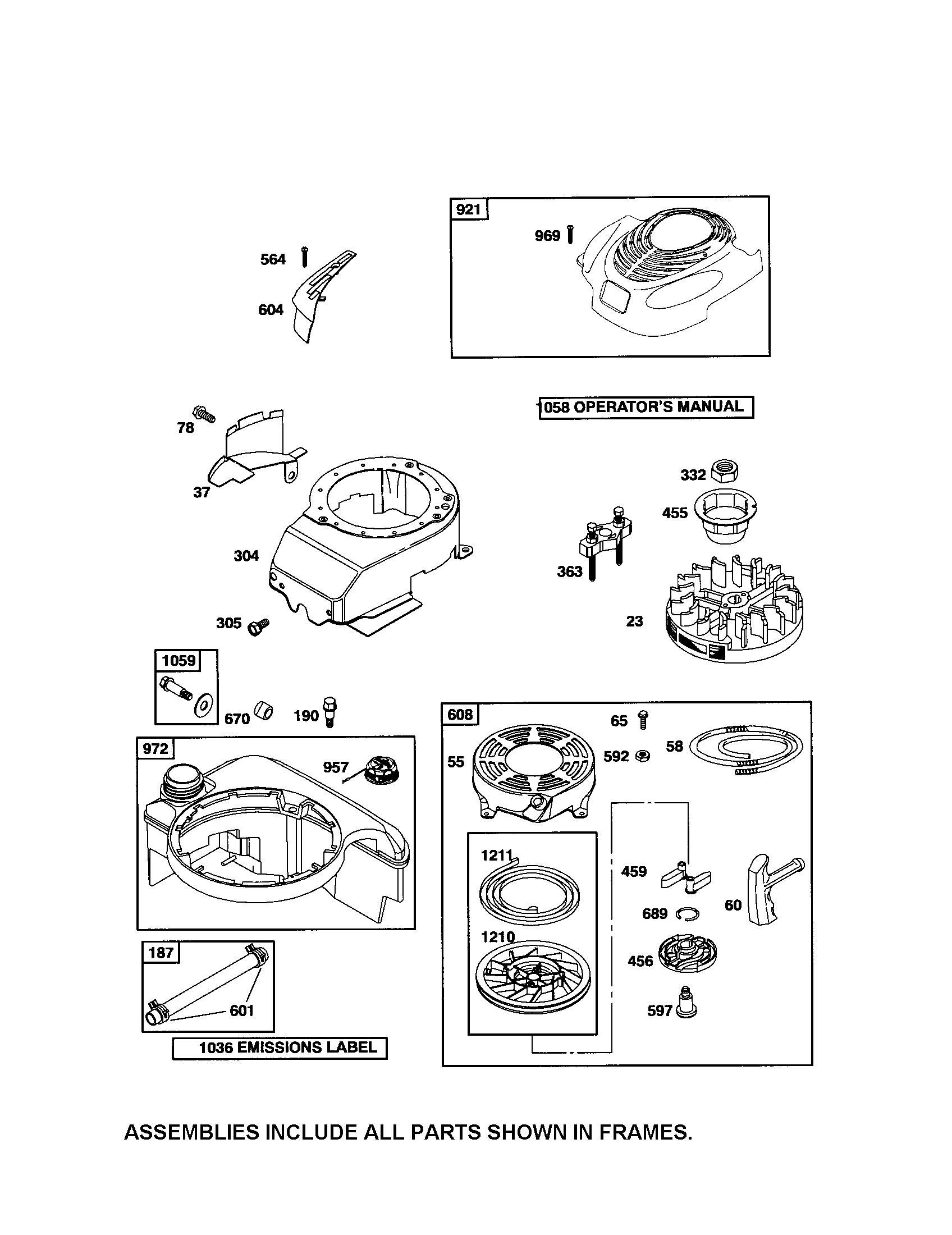 Rewind starter/fuel tank/flywheel