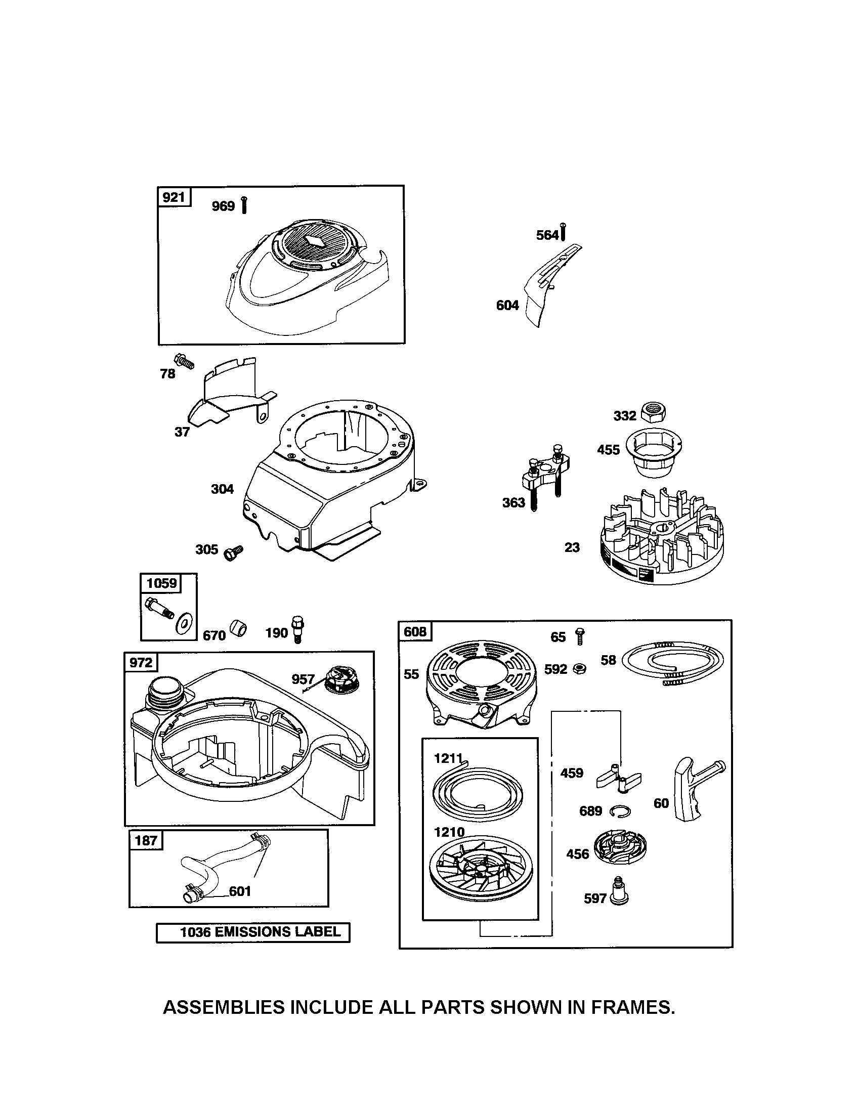 Rewind starter/fuel tank/flywheel