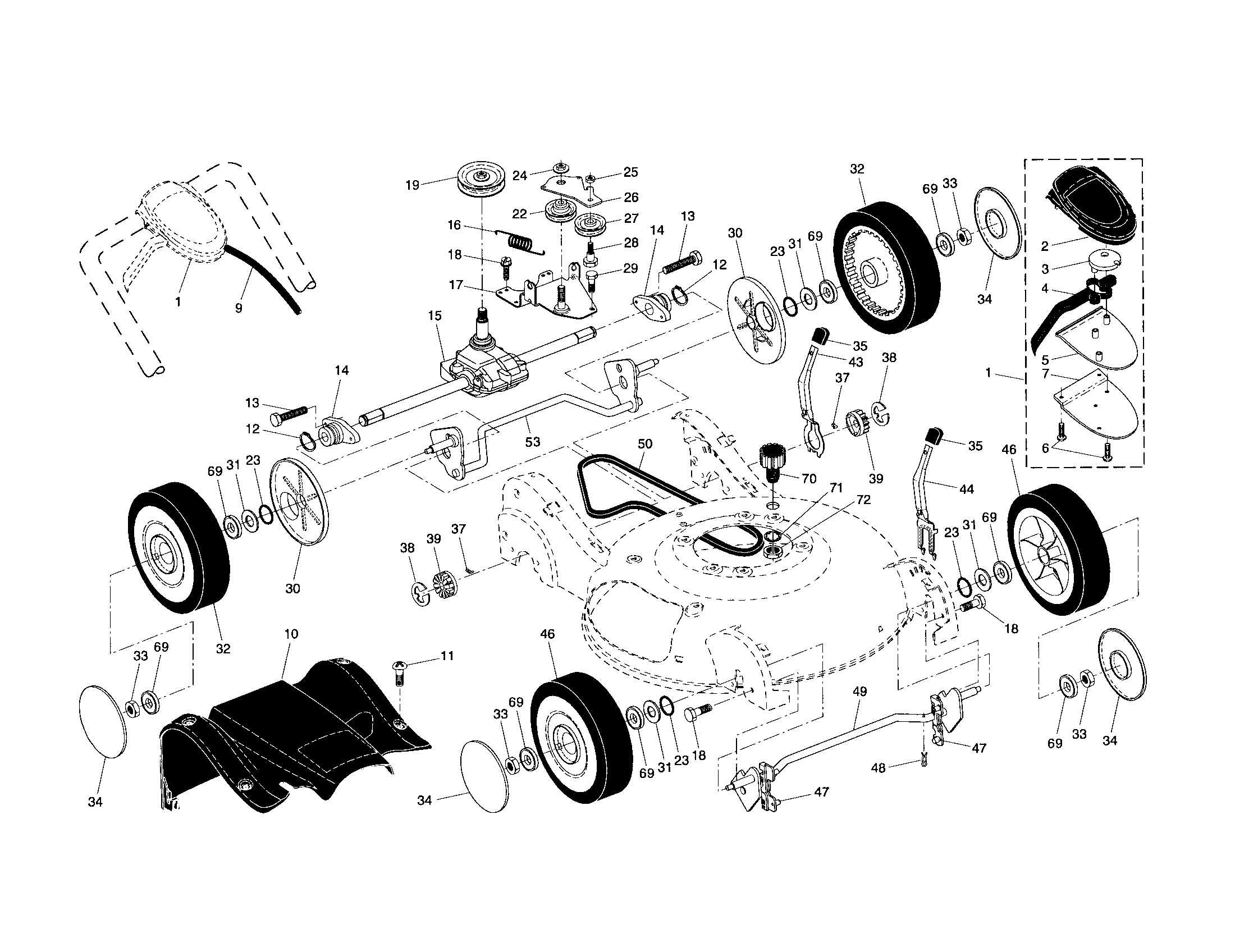 Gear case/drive control/wheels