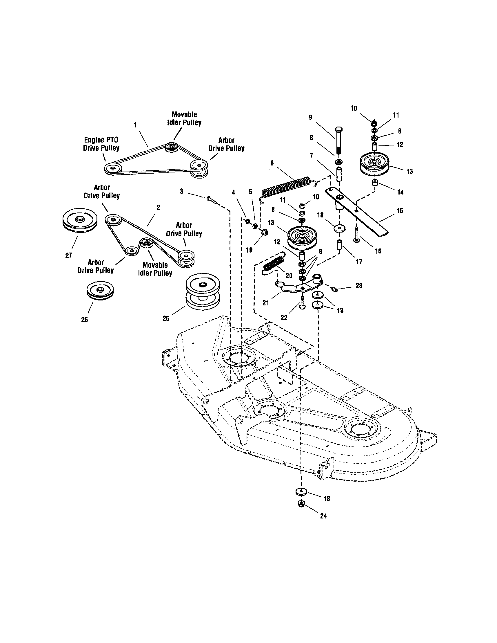 54" MOWER DECK-BELT/IDLER ARM/HITCH