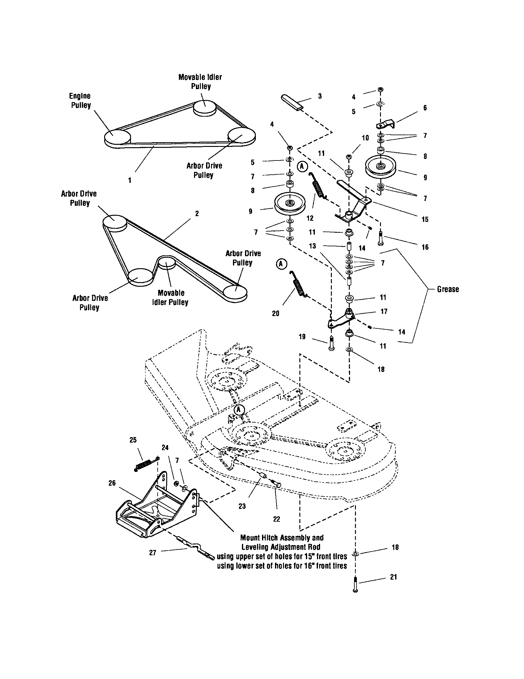 44" MOWER DECK-BELT/IDLER ARM/HITCH